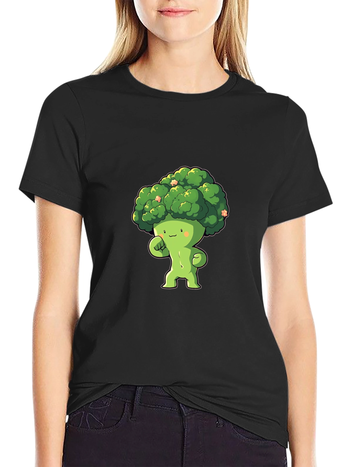 Broccoli Cartoon Character Black T-Shirt