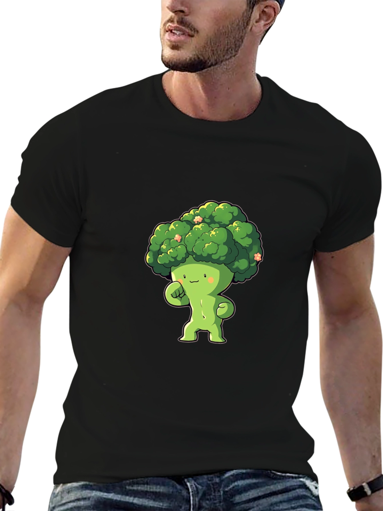 Broccoli Cartoon Character Black T-Shirt