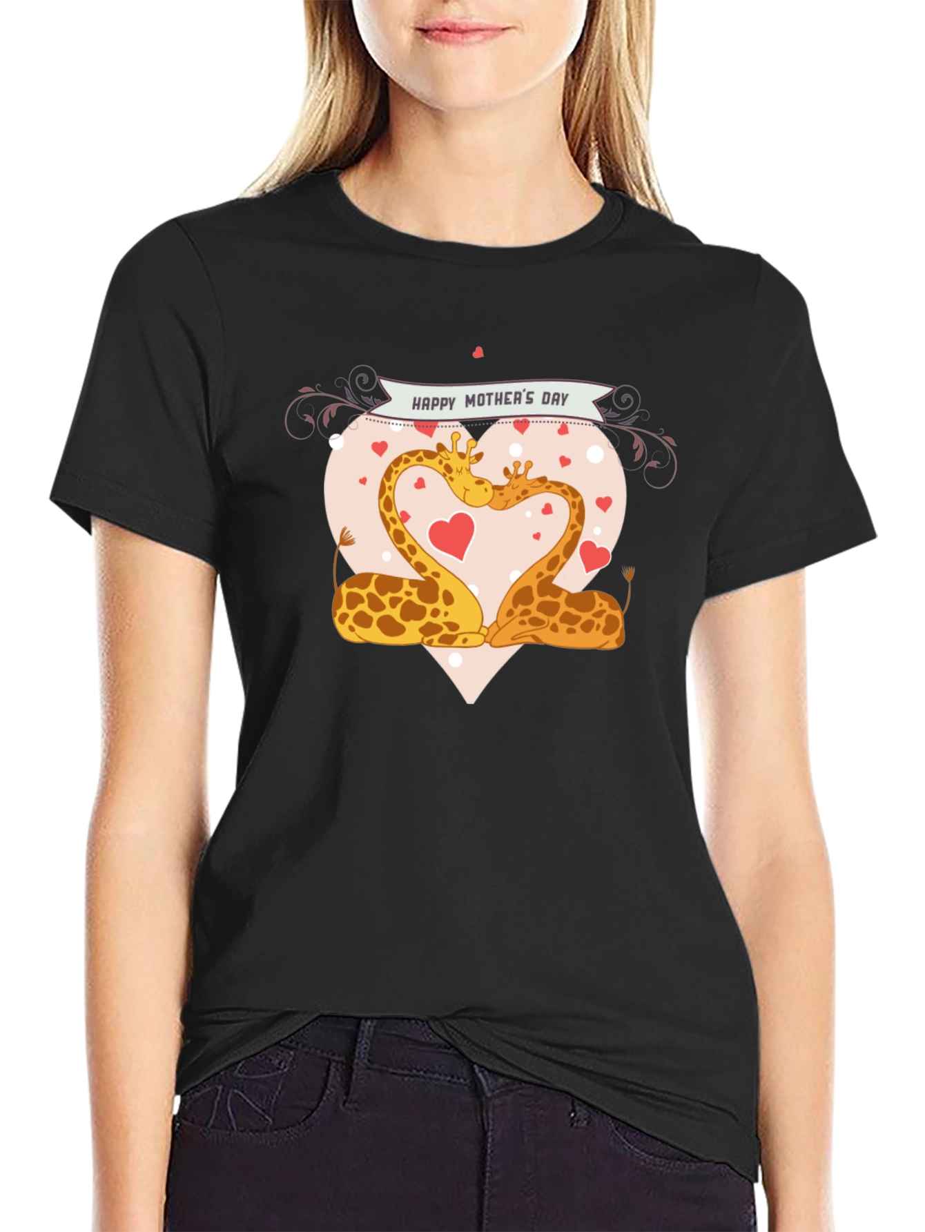 Giraffe Love Mothers Day Black T-Shirt