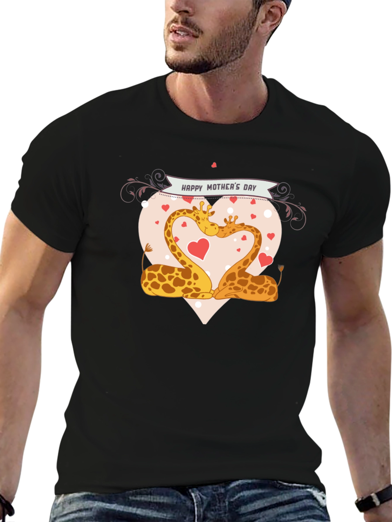 Giraffe Love Mothers Day Black T-Shirt