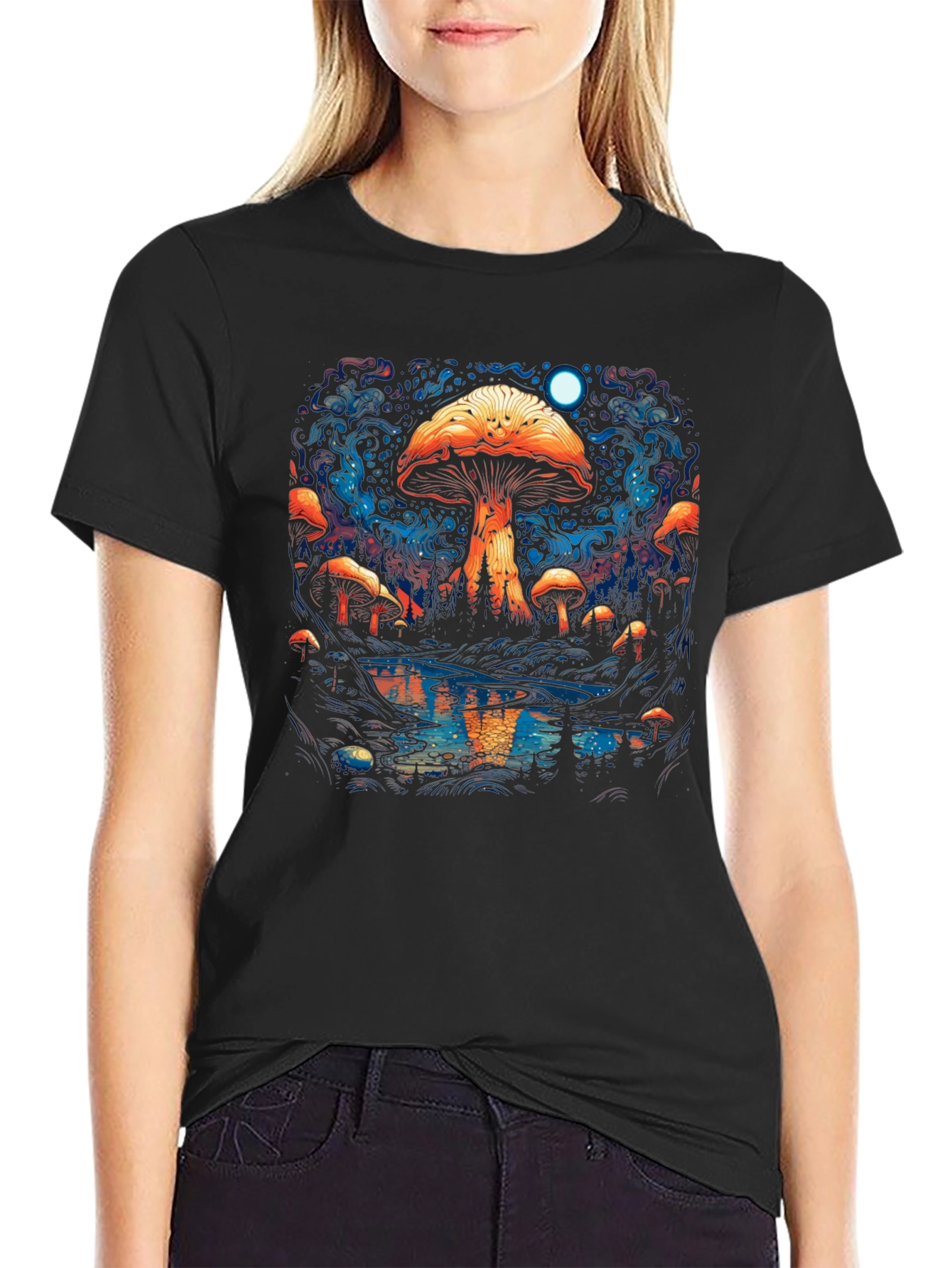 Psychedelic Mushroom Forest Black Tee