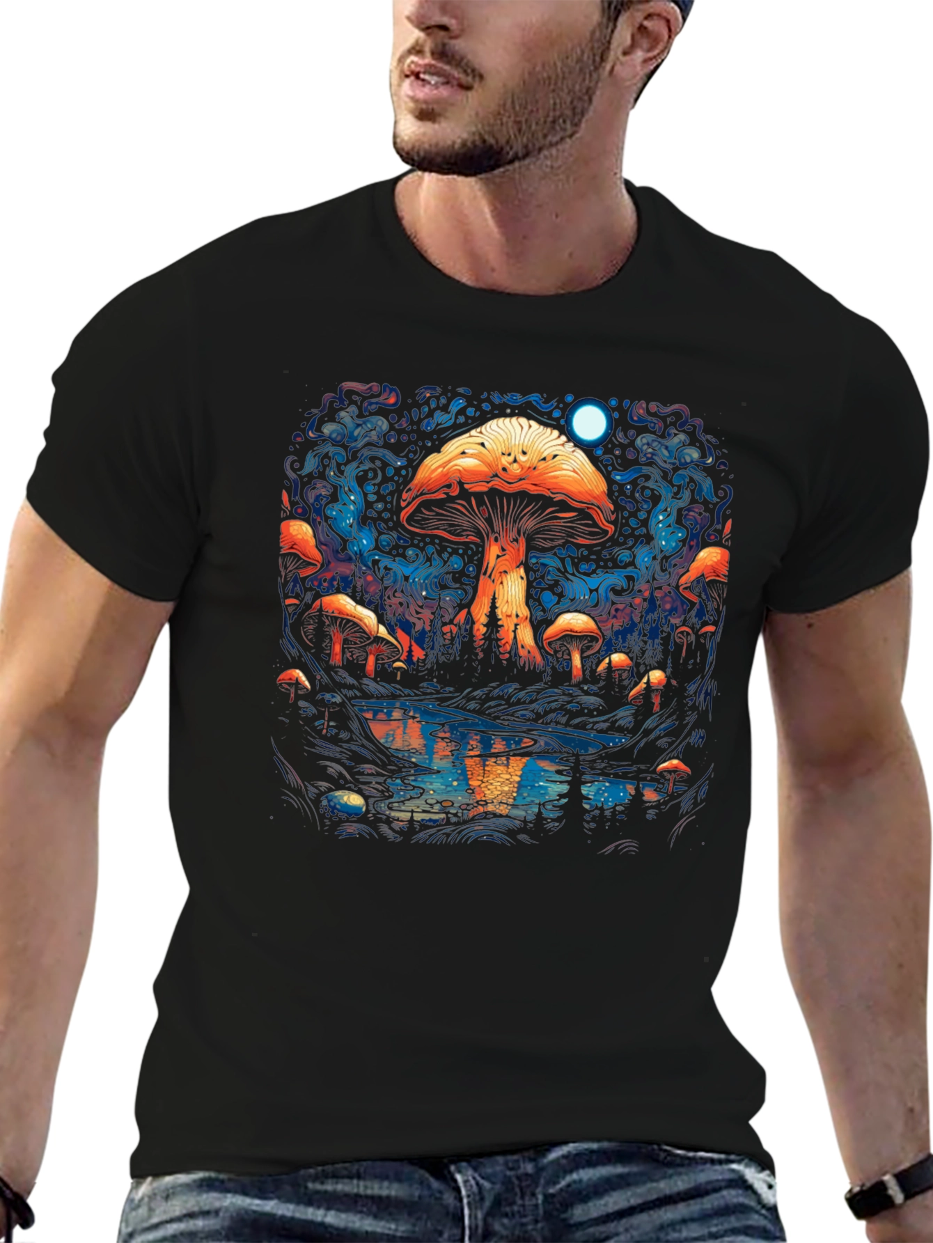 Psychedelic Mushroom Forest Black Tee