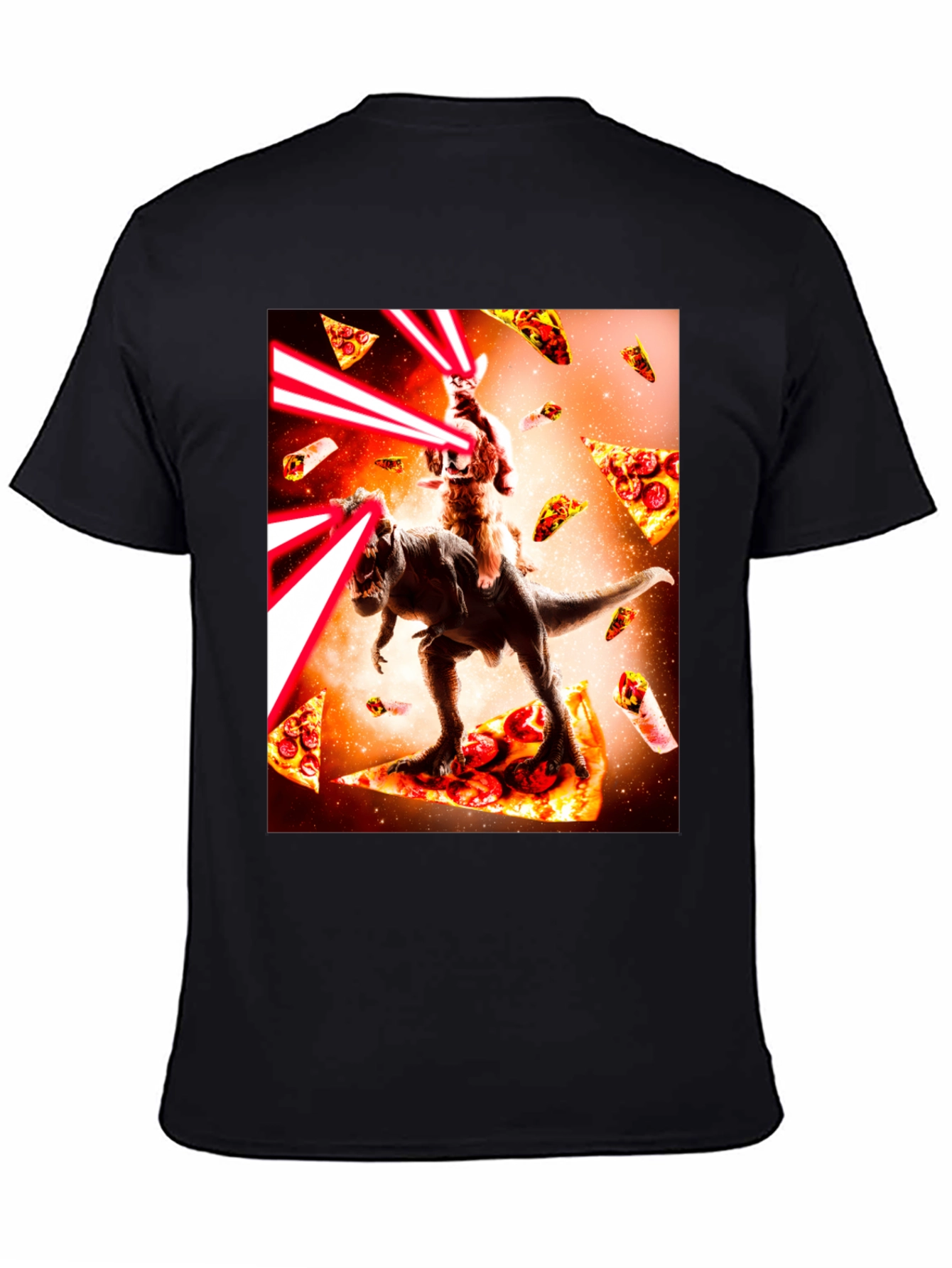 Cosmic Cat Riding Dino Pizza T-Shirt