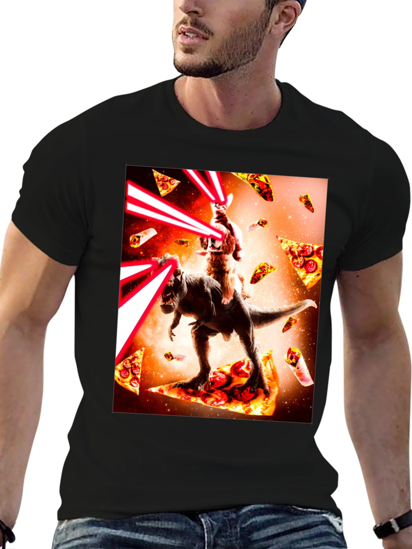 Cosmic Cat Riding Dino Pizza T-Shirt