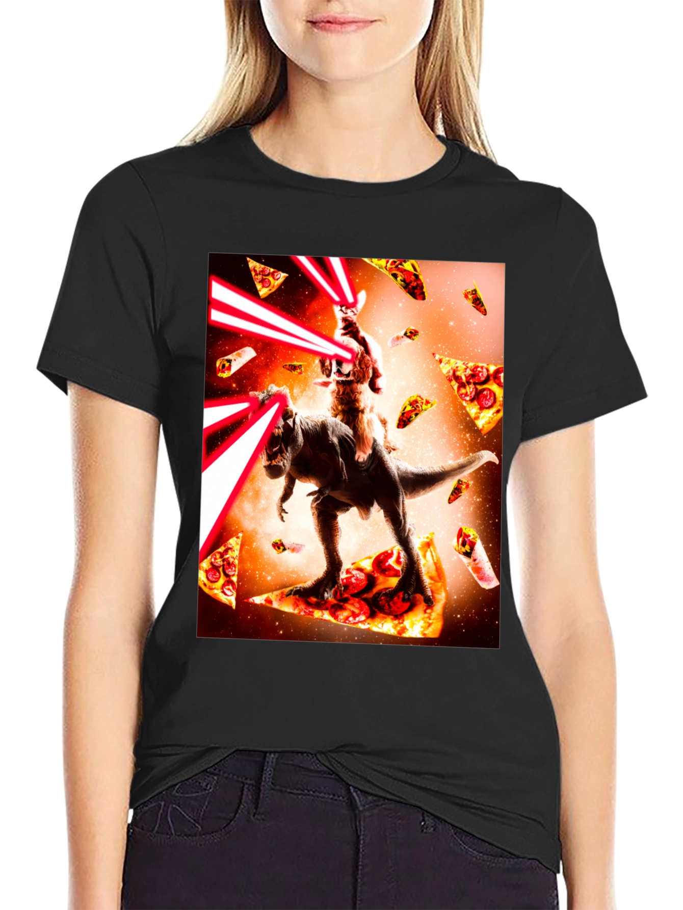 Cosmic Cat Riding Dino Pizza T-Shirt