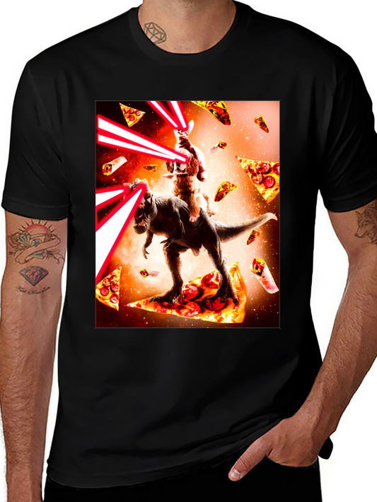 Cosmic Cat Riding Dino Pizza T-Shirt