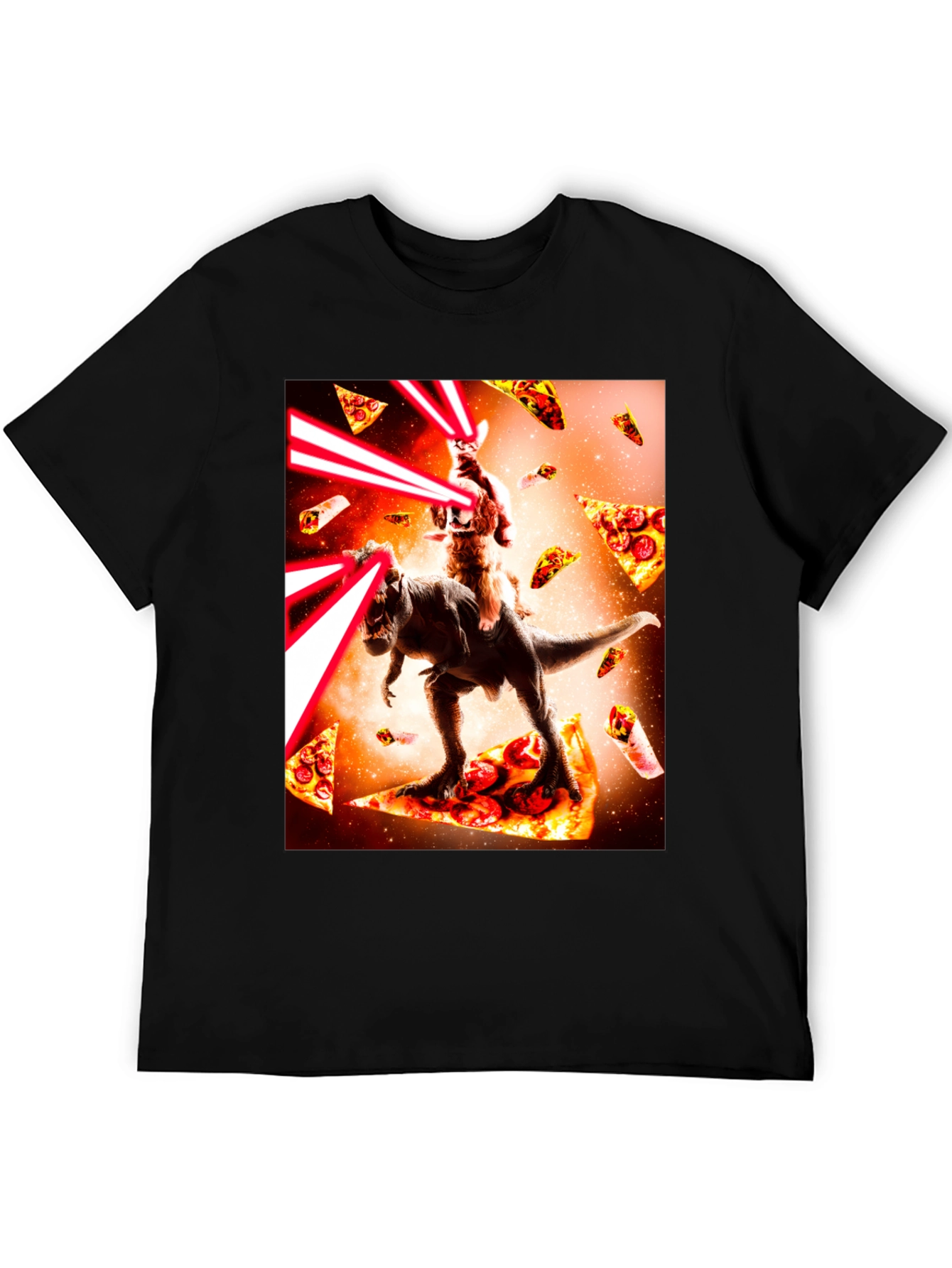 Cosmic Cat Riding Dino Pizza T-Shirt