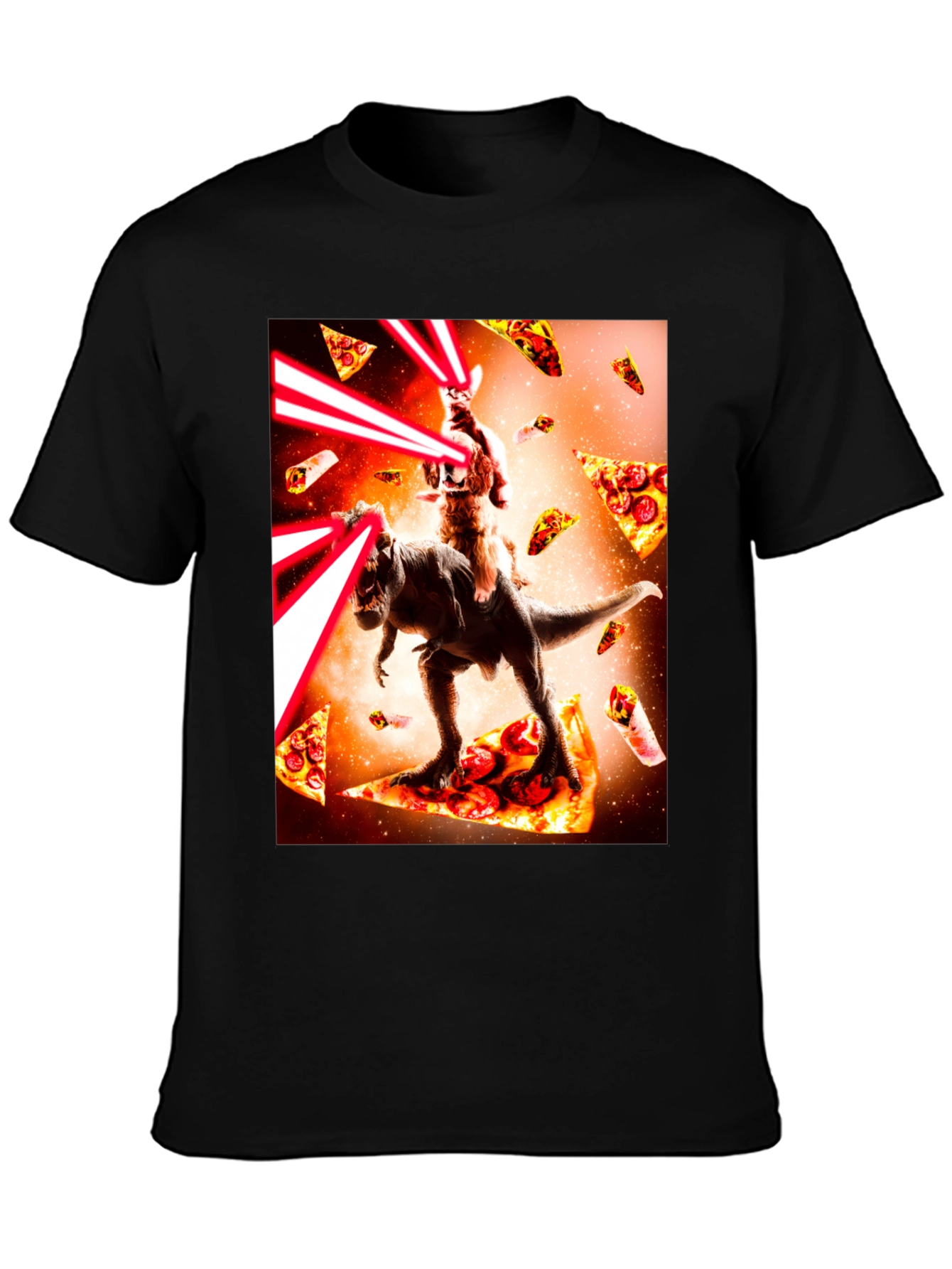 Cosmic Cat Riding Dino Pizza T-Shirt
