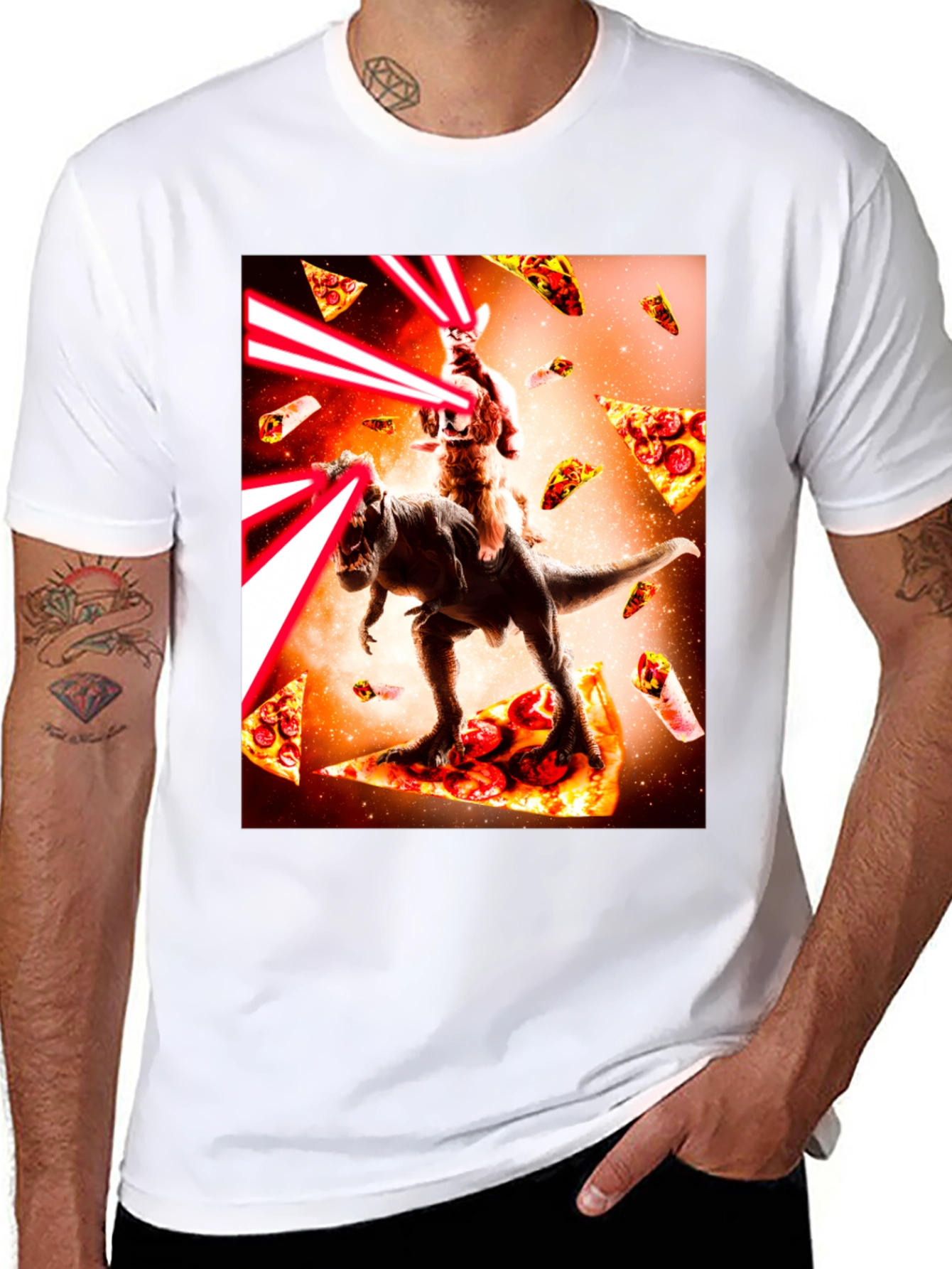 Cosmic Cat Riding Dino Pizza T-Shirt