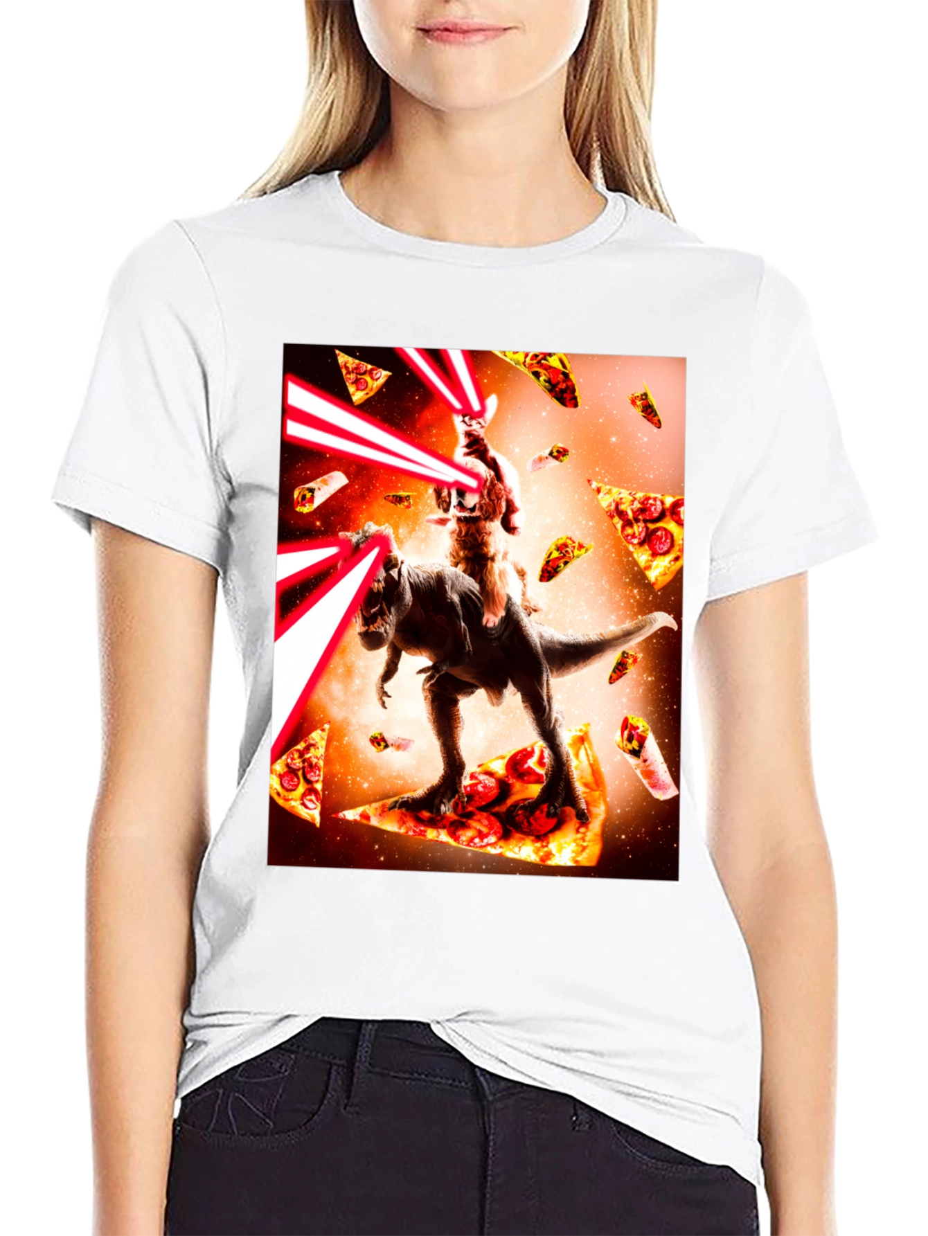 Cosmic Cat Riding Dino Pizza T-Shirt