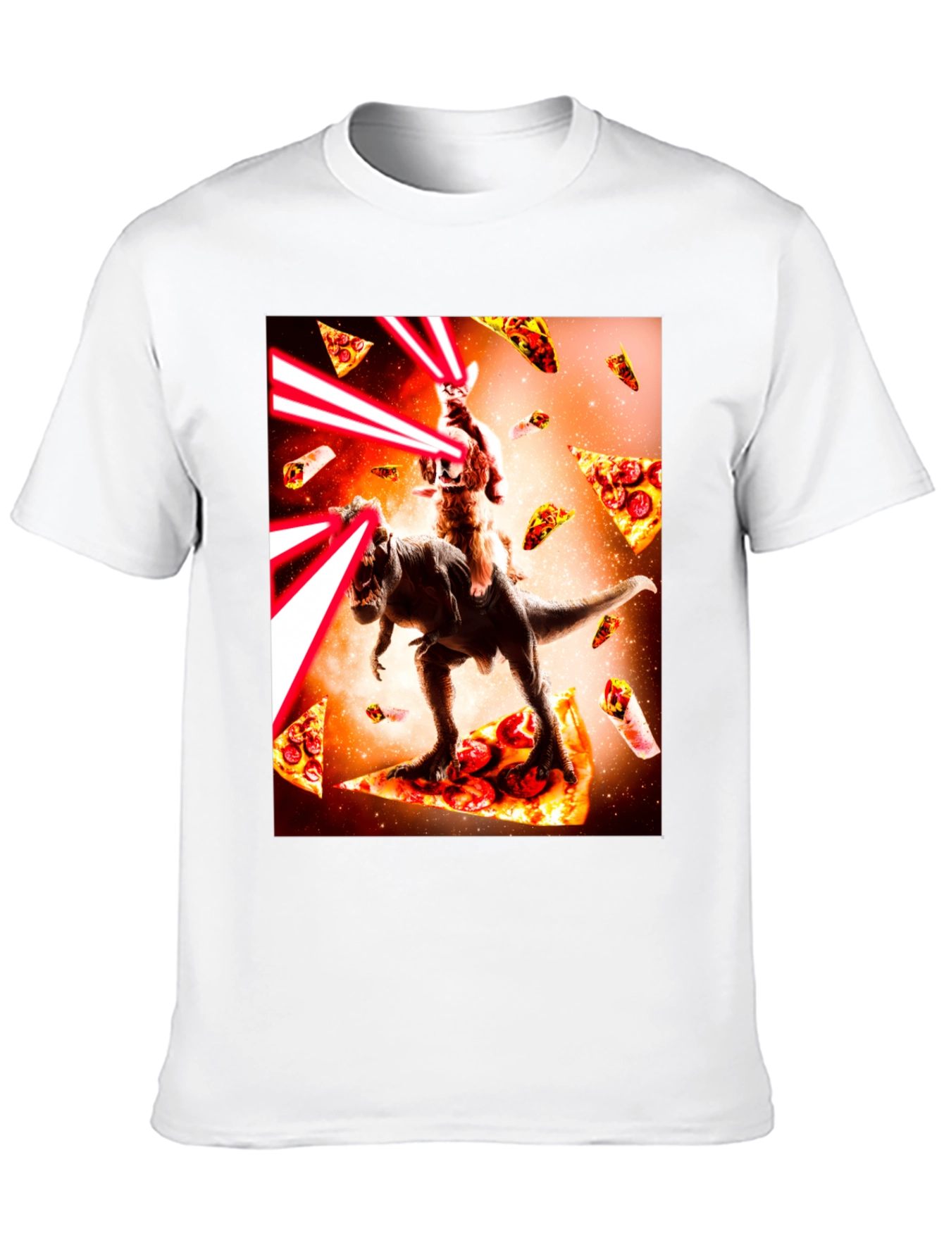 Cosmic Cat Riding Dino Pizza T-Shirt