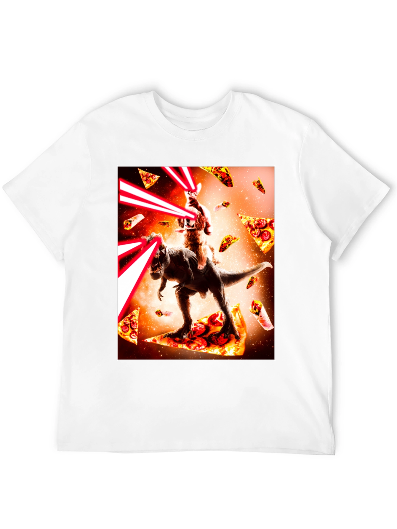Cosmic Cat Riding Dino Pizza T-Shirt