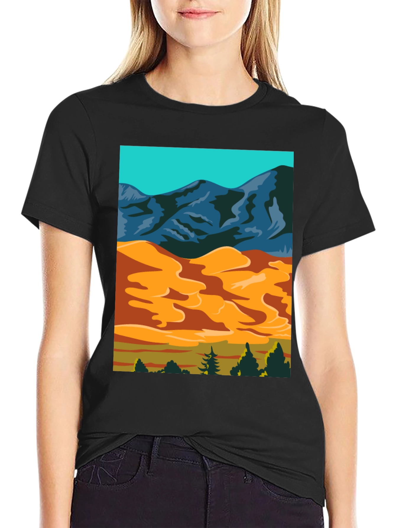 Mountain Desert Graphic Tee - Stylish Black Cotton T-Shirt