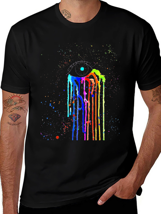 Colorful Eye Drip Graphic Tee - Black Cotton Shirt