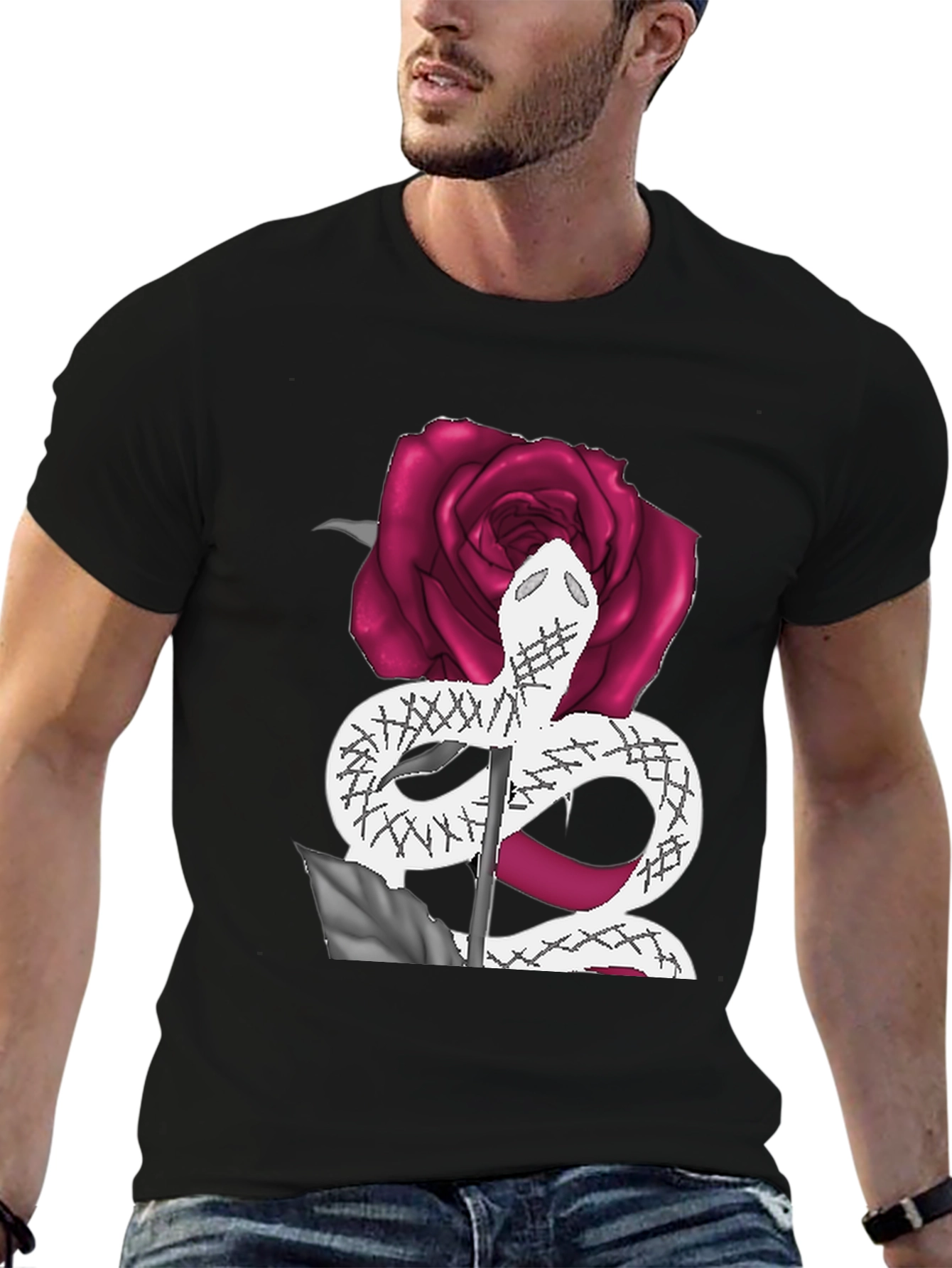 Snake & Rose Graphic Tee - Stylish Black T-Shirt