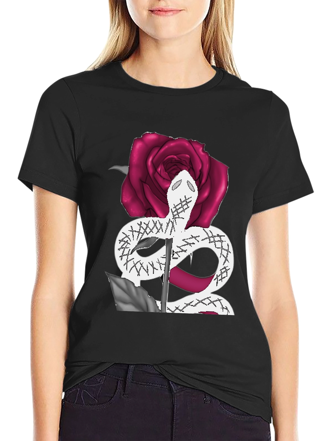 Snake & Rose Graphic Tee - Stylish Black T-Shirt