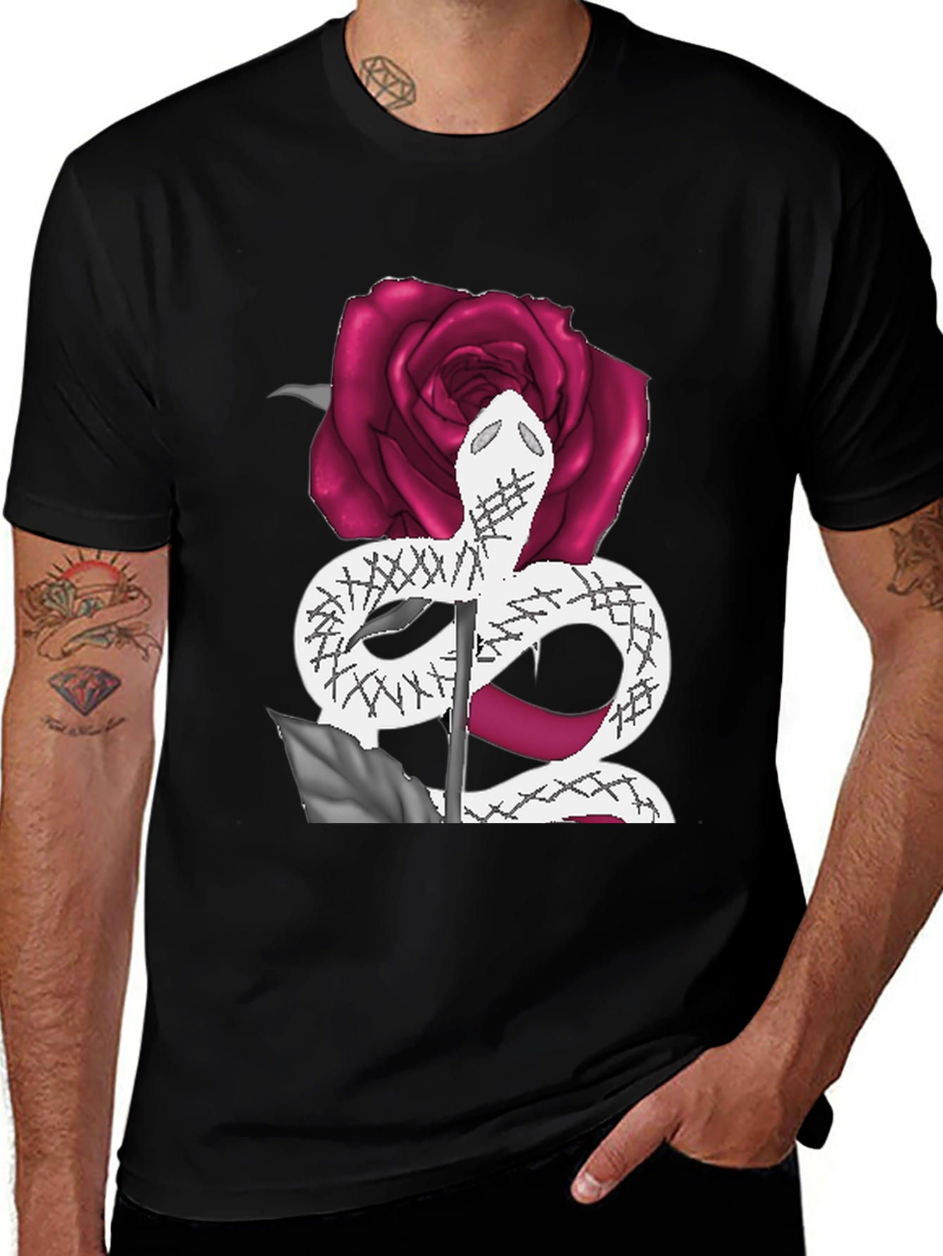 Snake & Rose Graphic Tee - Stylish Black T-Shirt