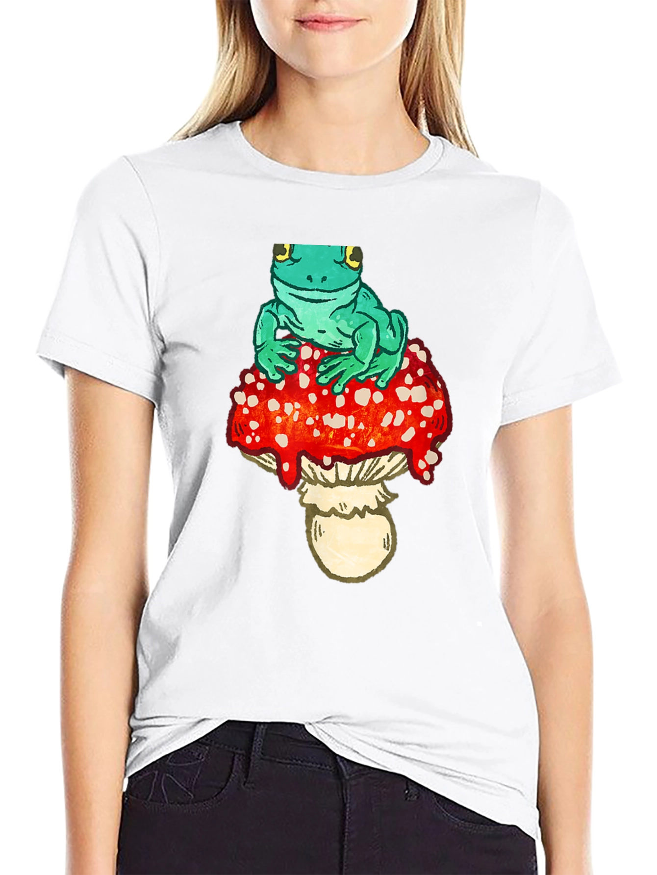 Frog on Mushroom Black T-Shirt