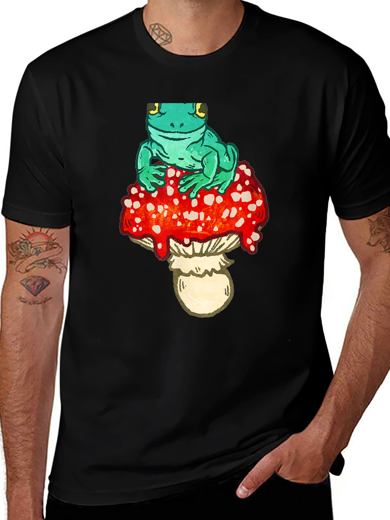 Frog on Mushroom Black T-Shirt