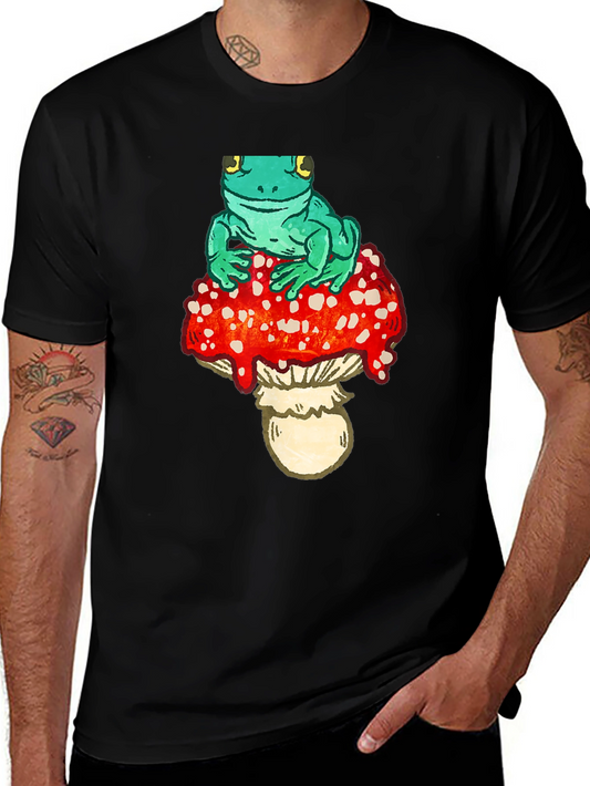 Frog on Mushroom Black T-Shirt