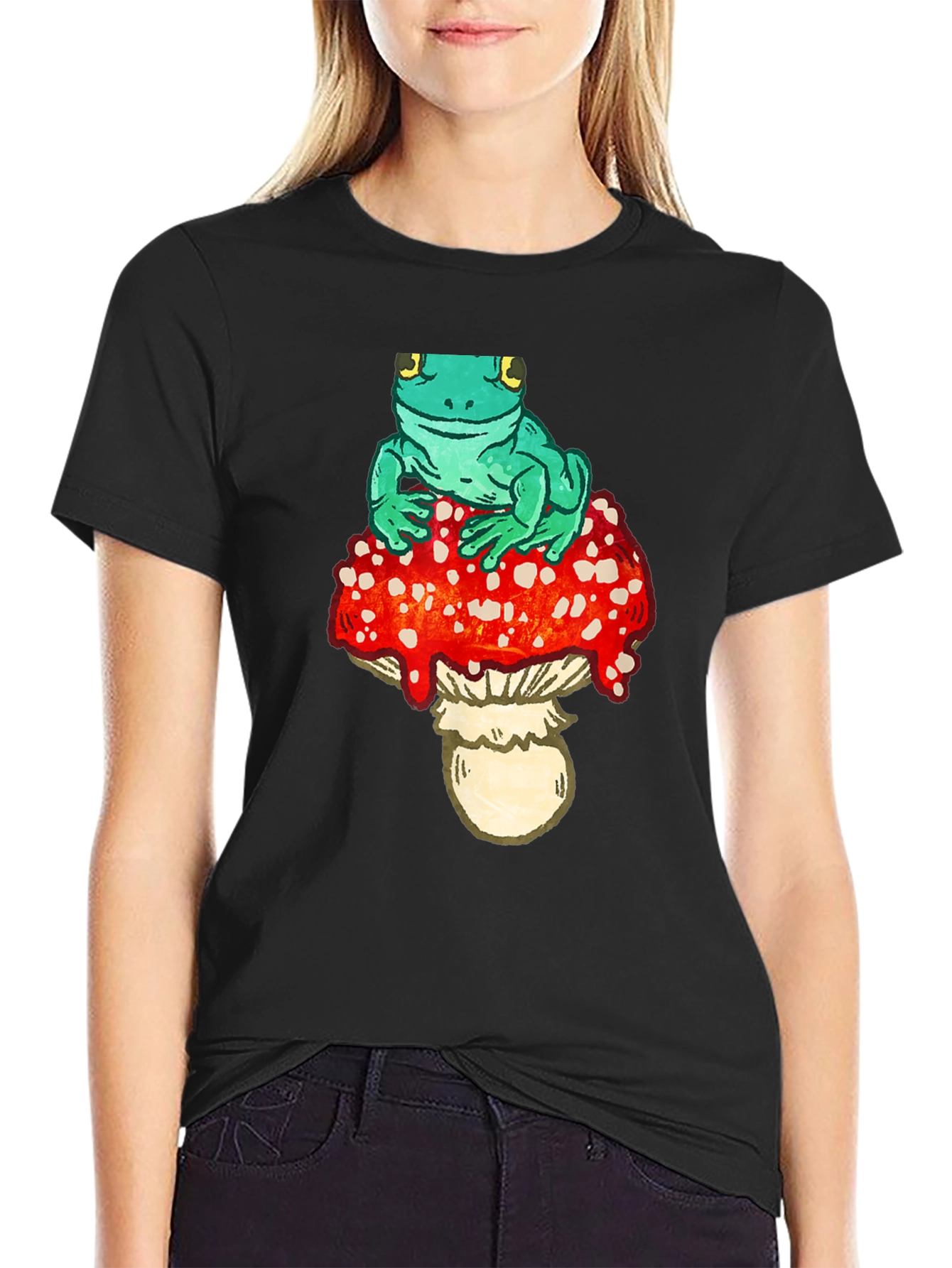 Frog on Mushroom Black T-Shirt