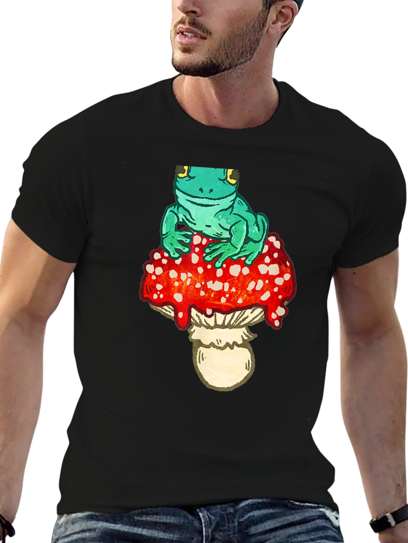 Frog on Mushroom Black T-Shirt
