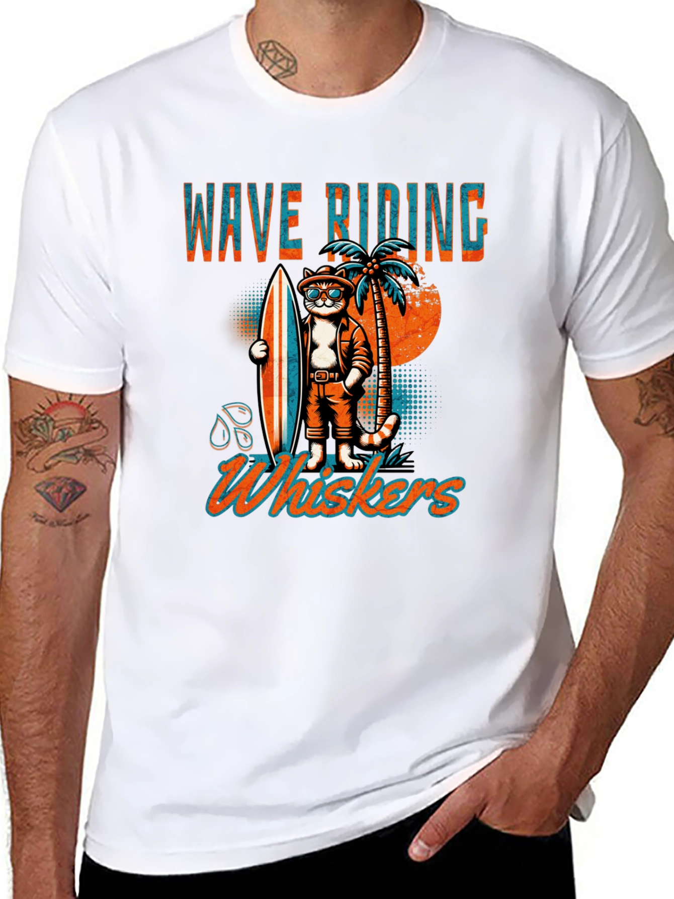 Wave Riding Whiskers T-Shirt - Cool Cat Surf Design
