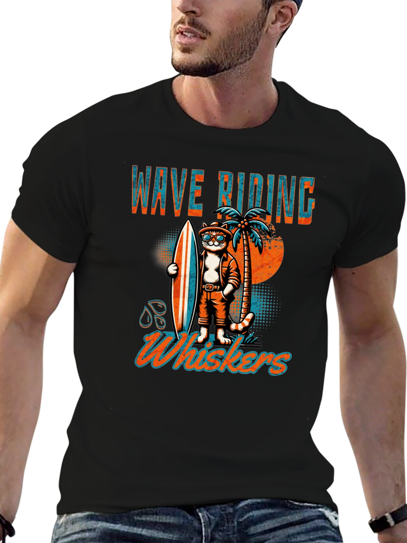 Wave Riding Whiskers T-Shirt - Cool Cat Surf Design