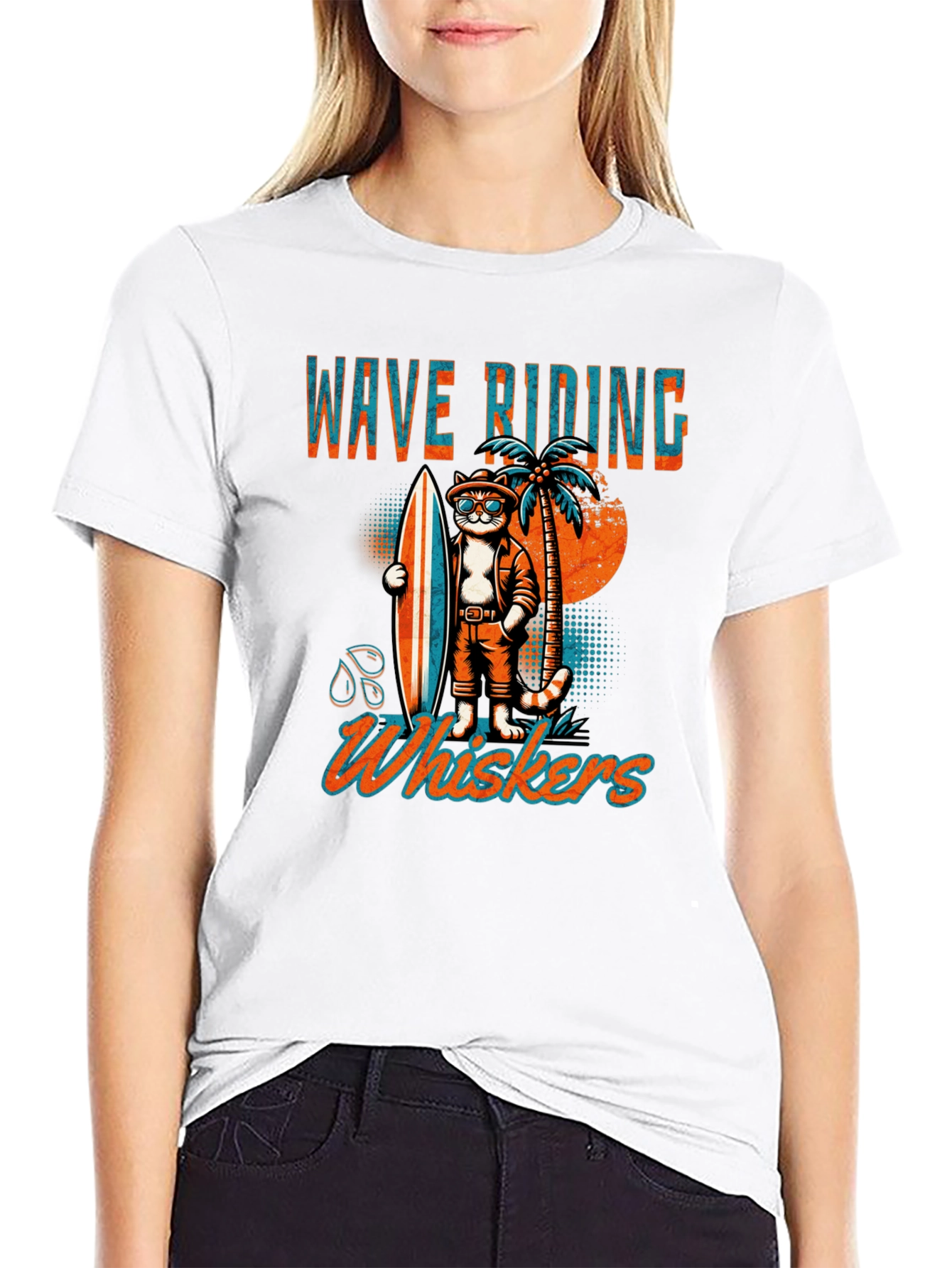 Wave Riding Whiskers T-Shirt - Cool Cat Surf Design