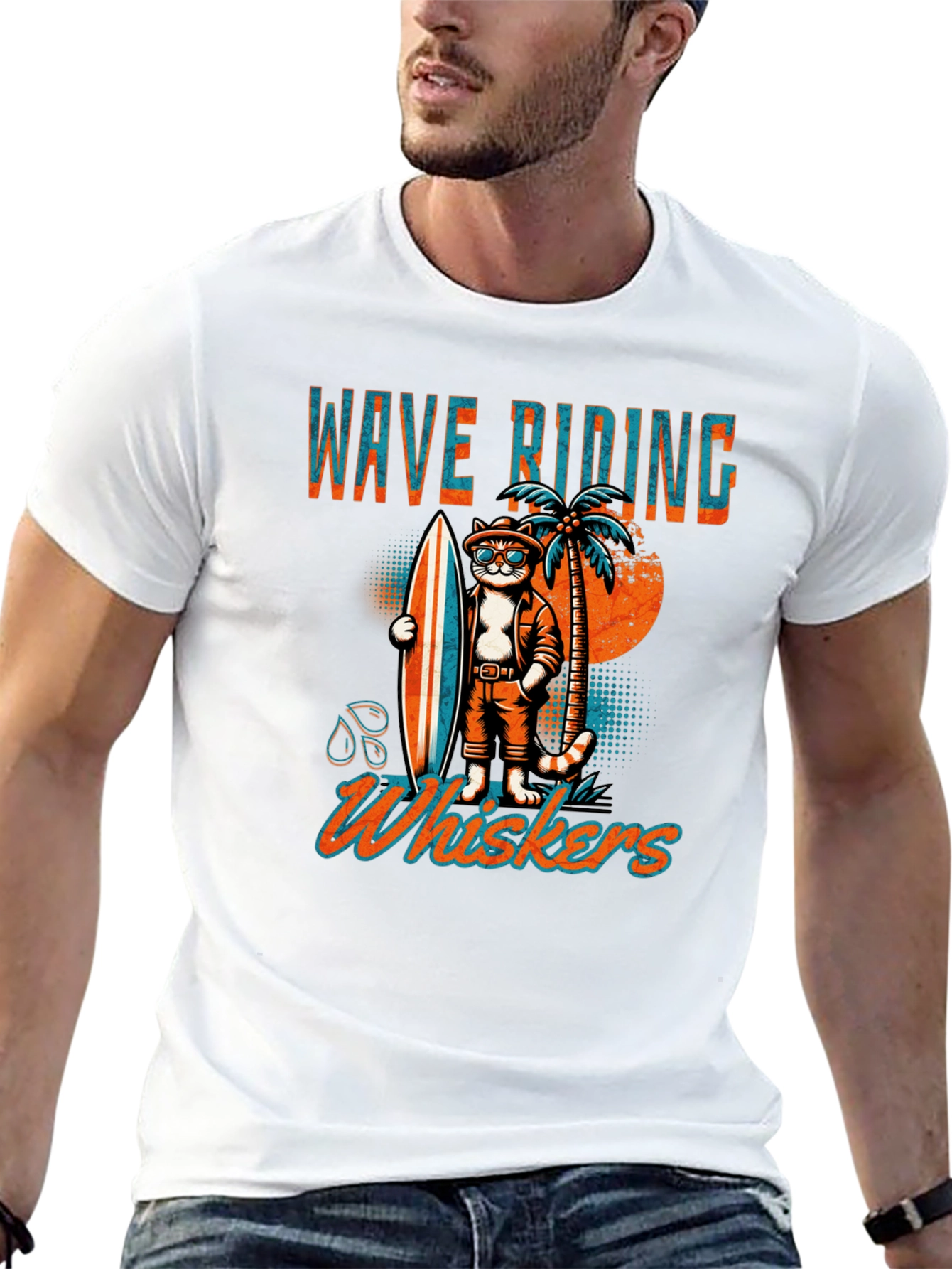 Wave Riding Whiskers T-Shirt - Cool Cat Surf Design