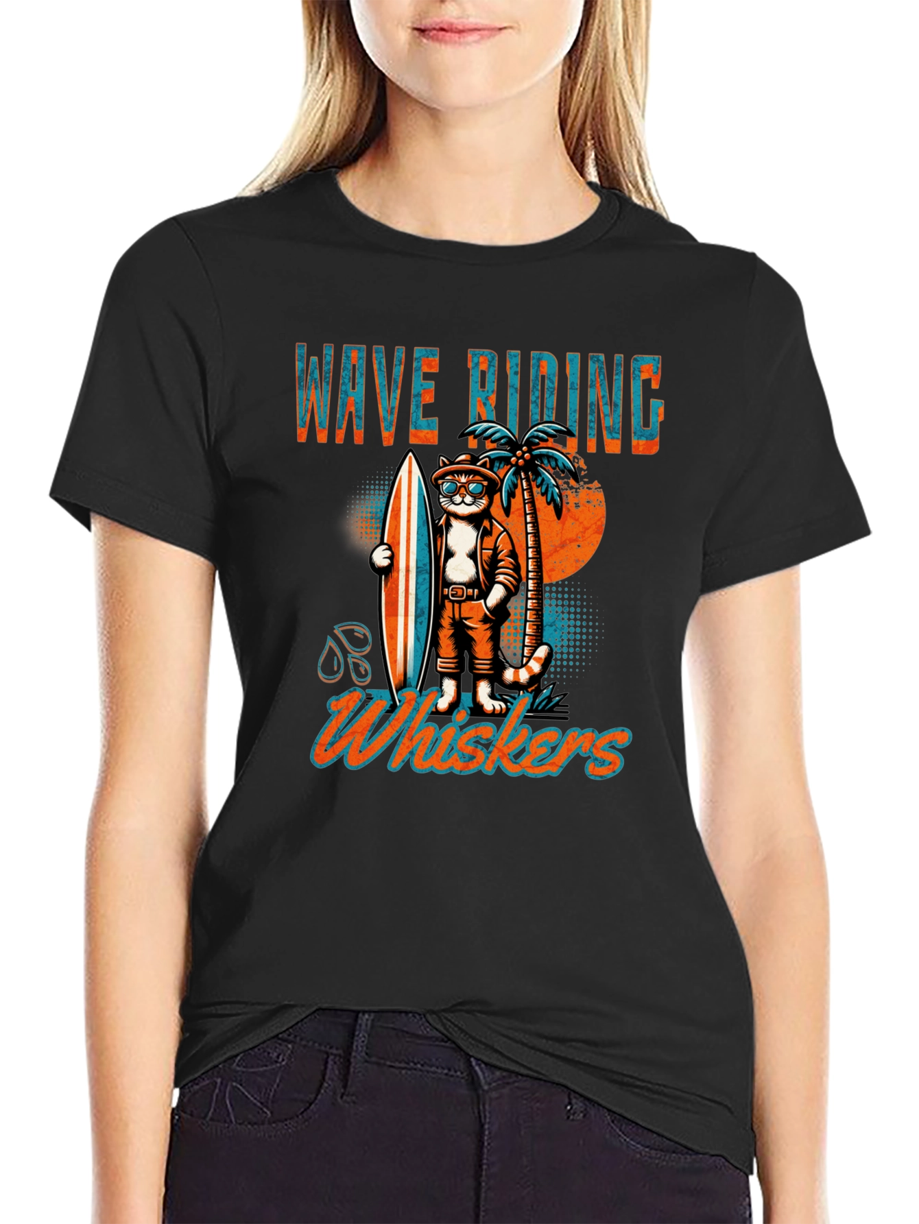 Wave Riding Whiskers T-Shirt - Cool Cat Surf Design