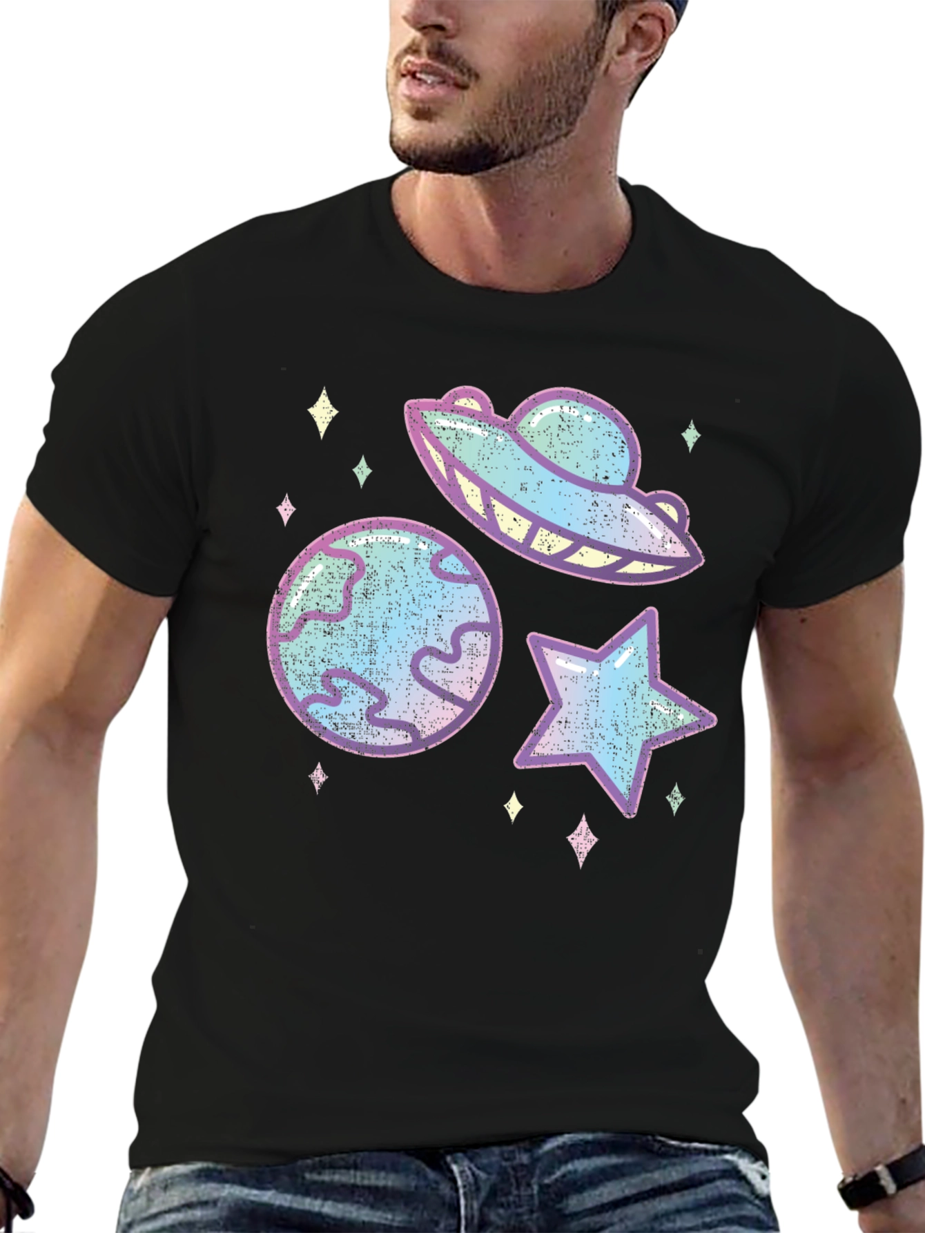 Cosmic Space Graphic Tee - Black Cotton Blend T-Shirt