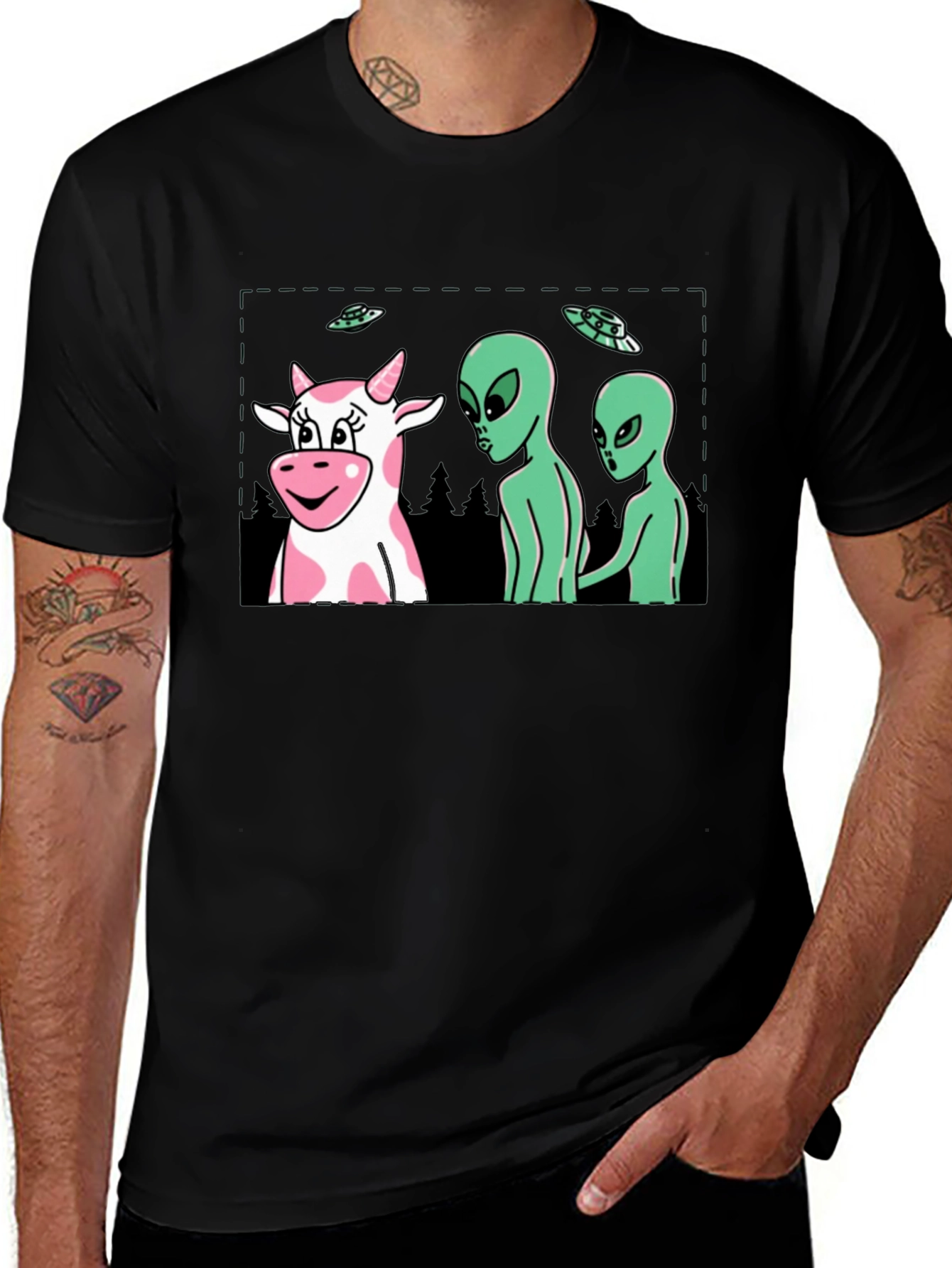 Alien Cow Abduction Black Graphic Tee