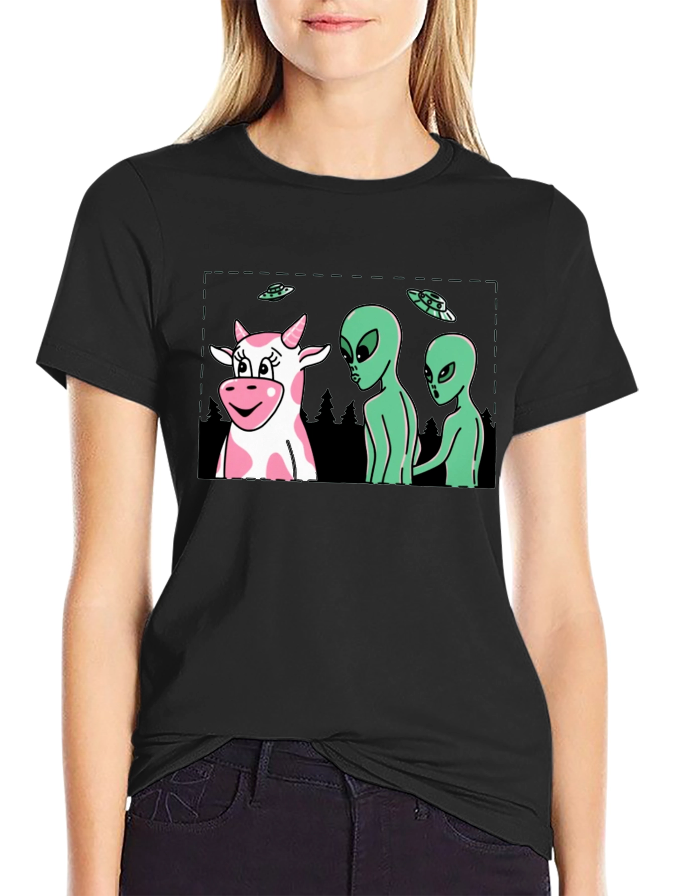 Alien Cow Abduction Black Graphic Tee