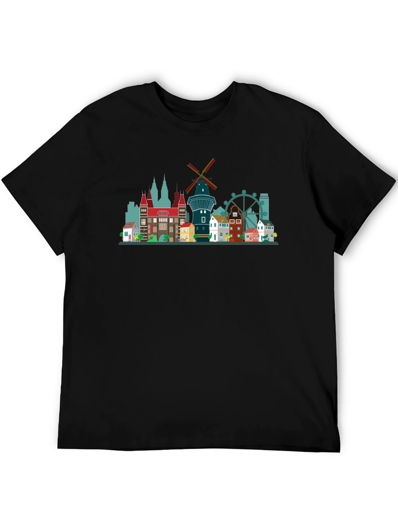 Black T-Shirt with Cityscape Design