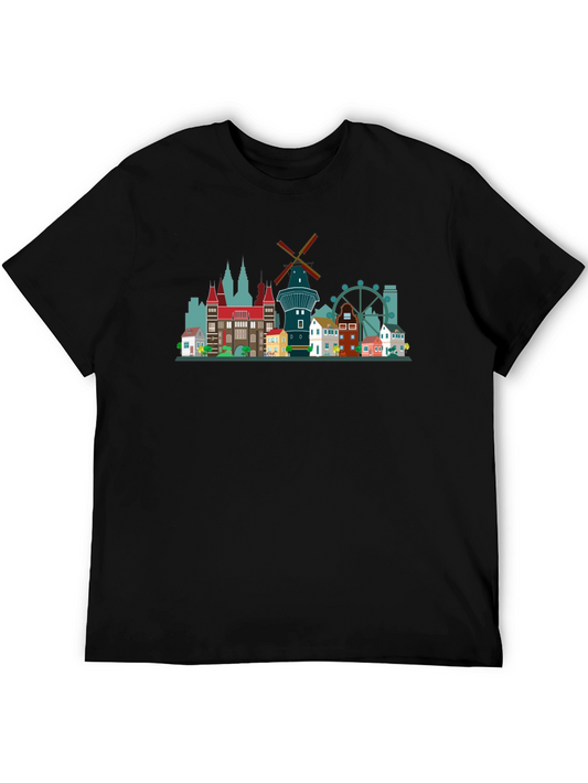 Black T-Shirt with Cityscape Design