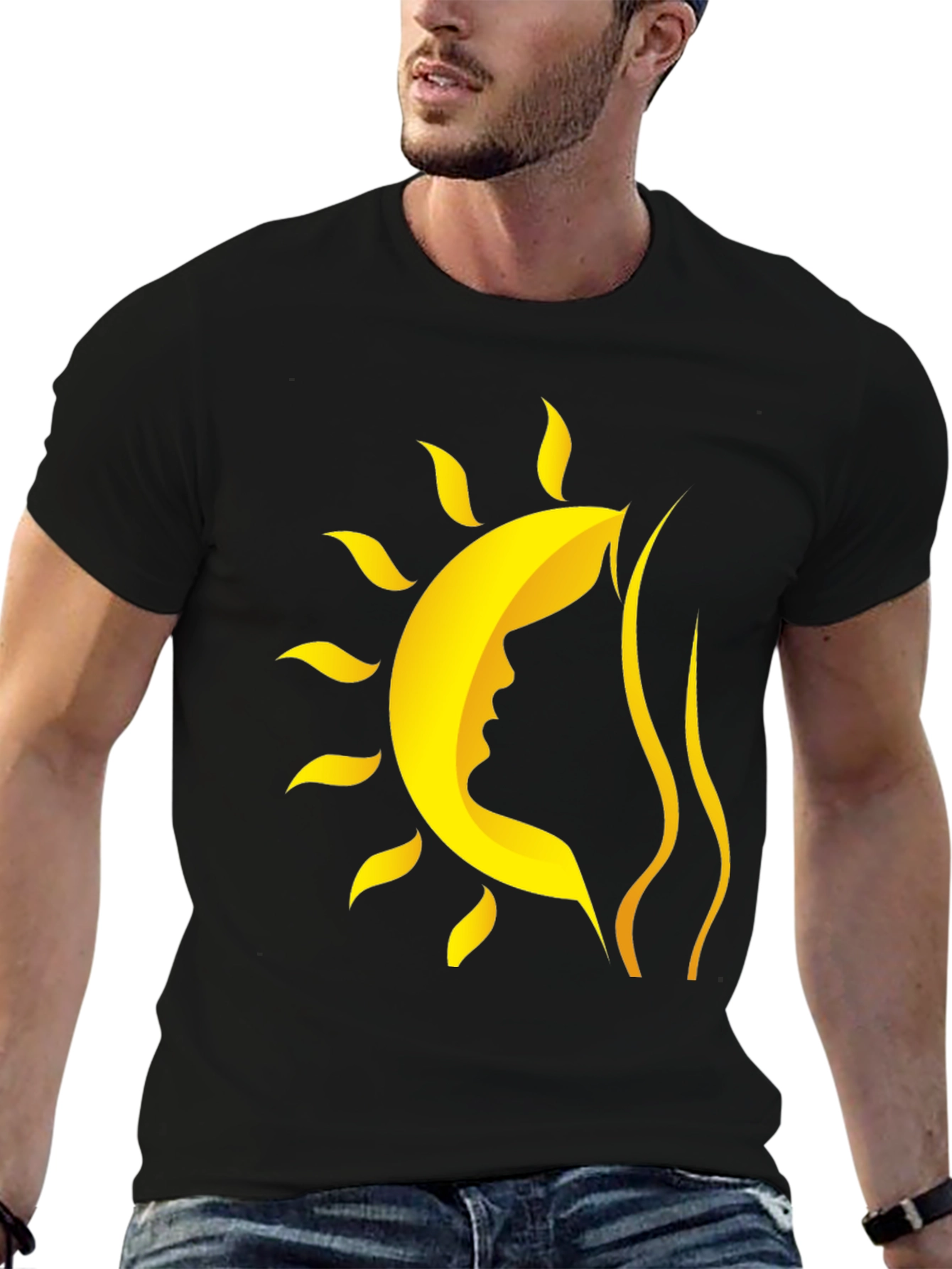 Stylish Black T-Shirt with Sun and Silhouette Design