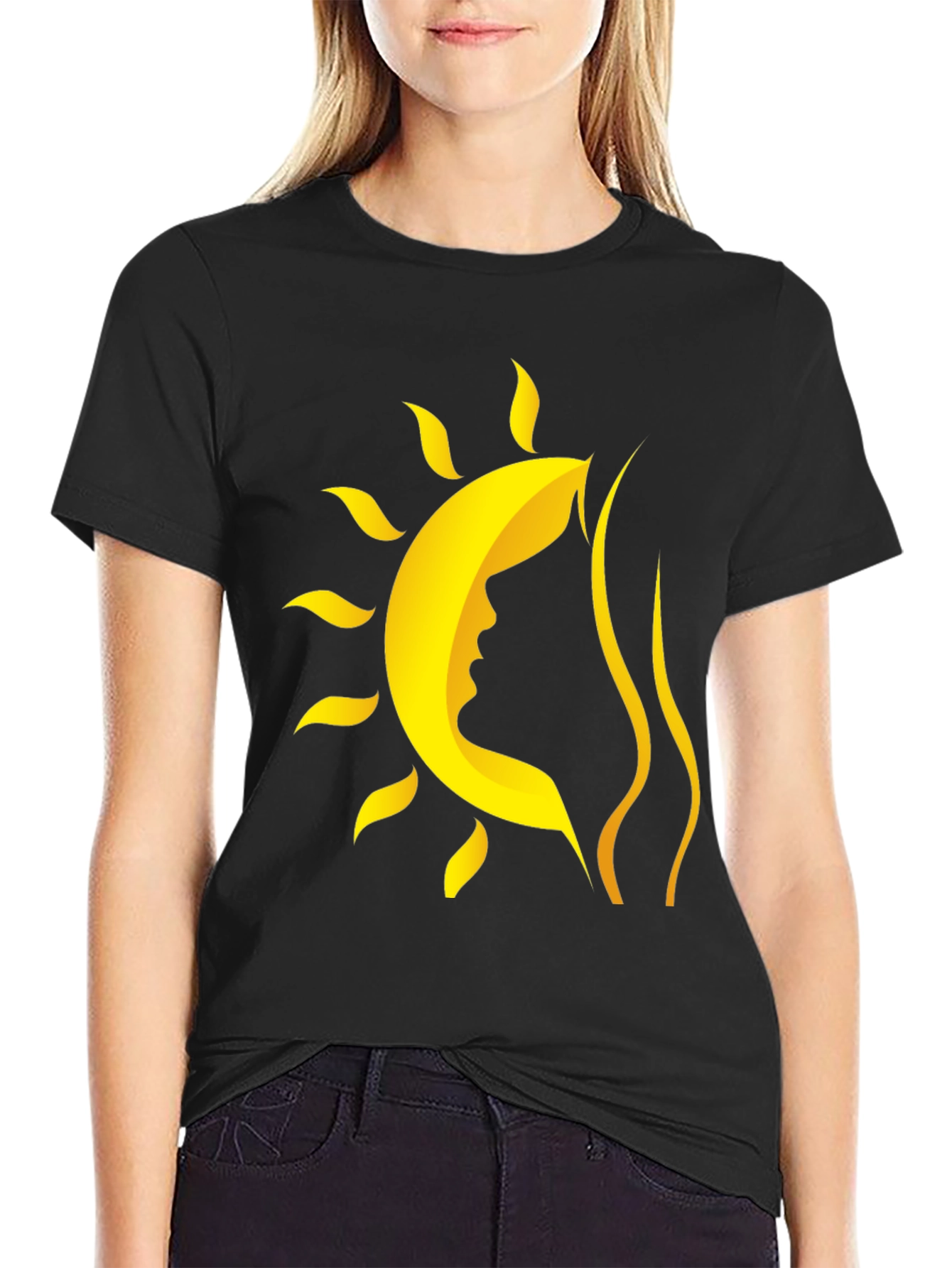 Stylish Black T-Shirt with Sun and Silhouette Design