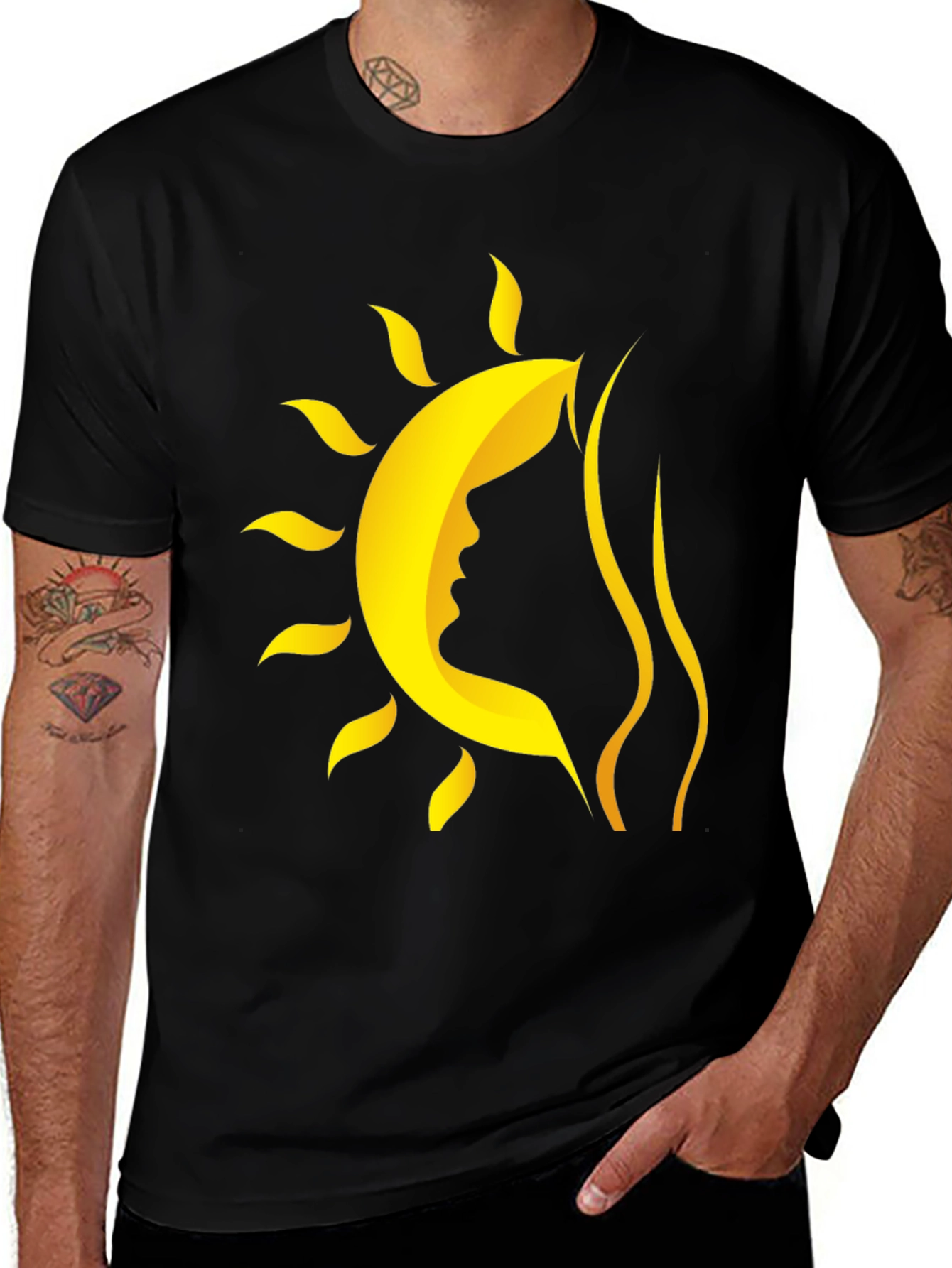 Stylish Black T-Shirt with Sun and Silhouette Design