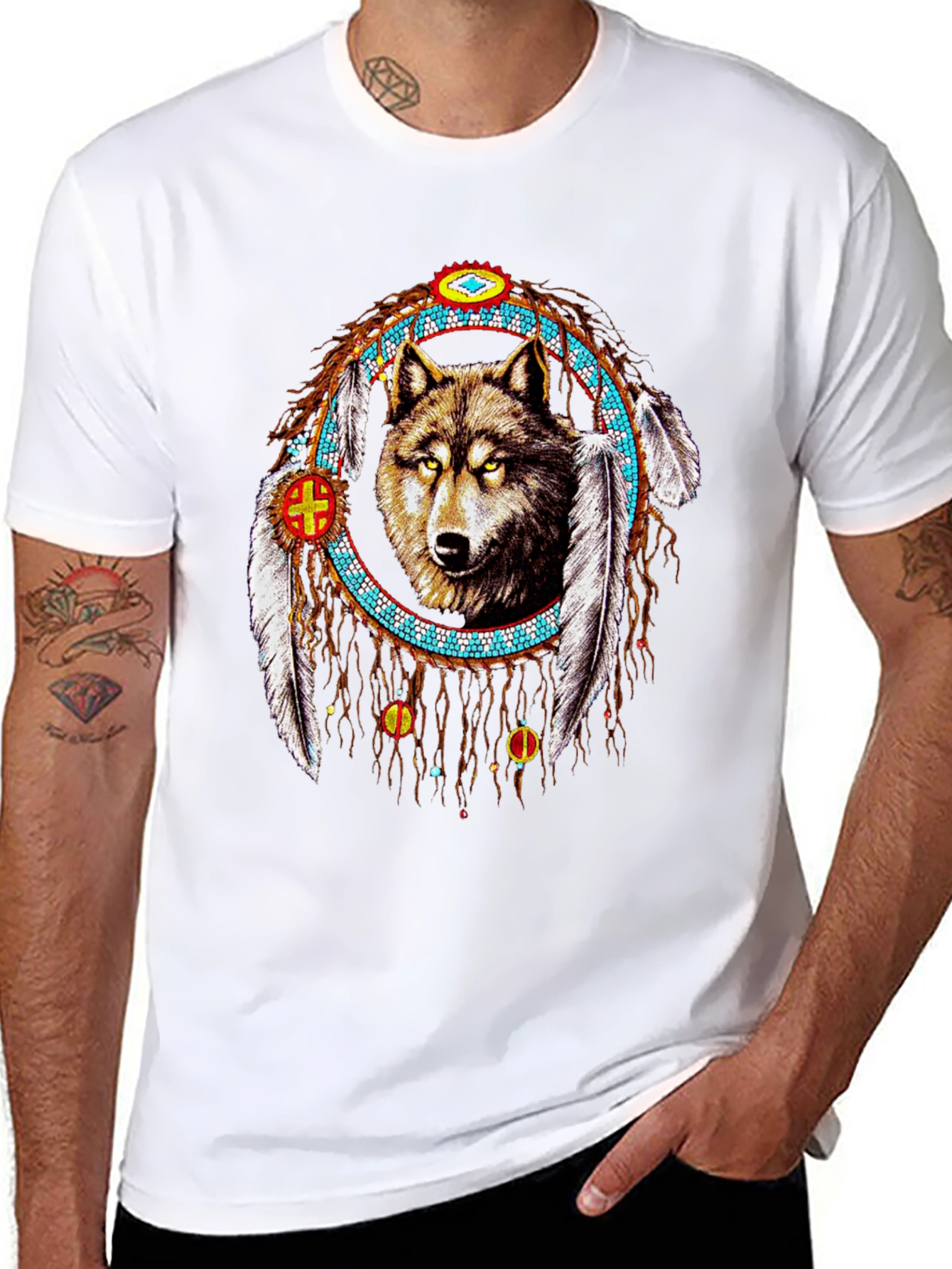 Wolf Dreamcatcher Graphic Tee - Native American Style