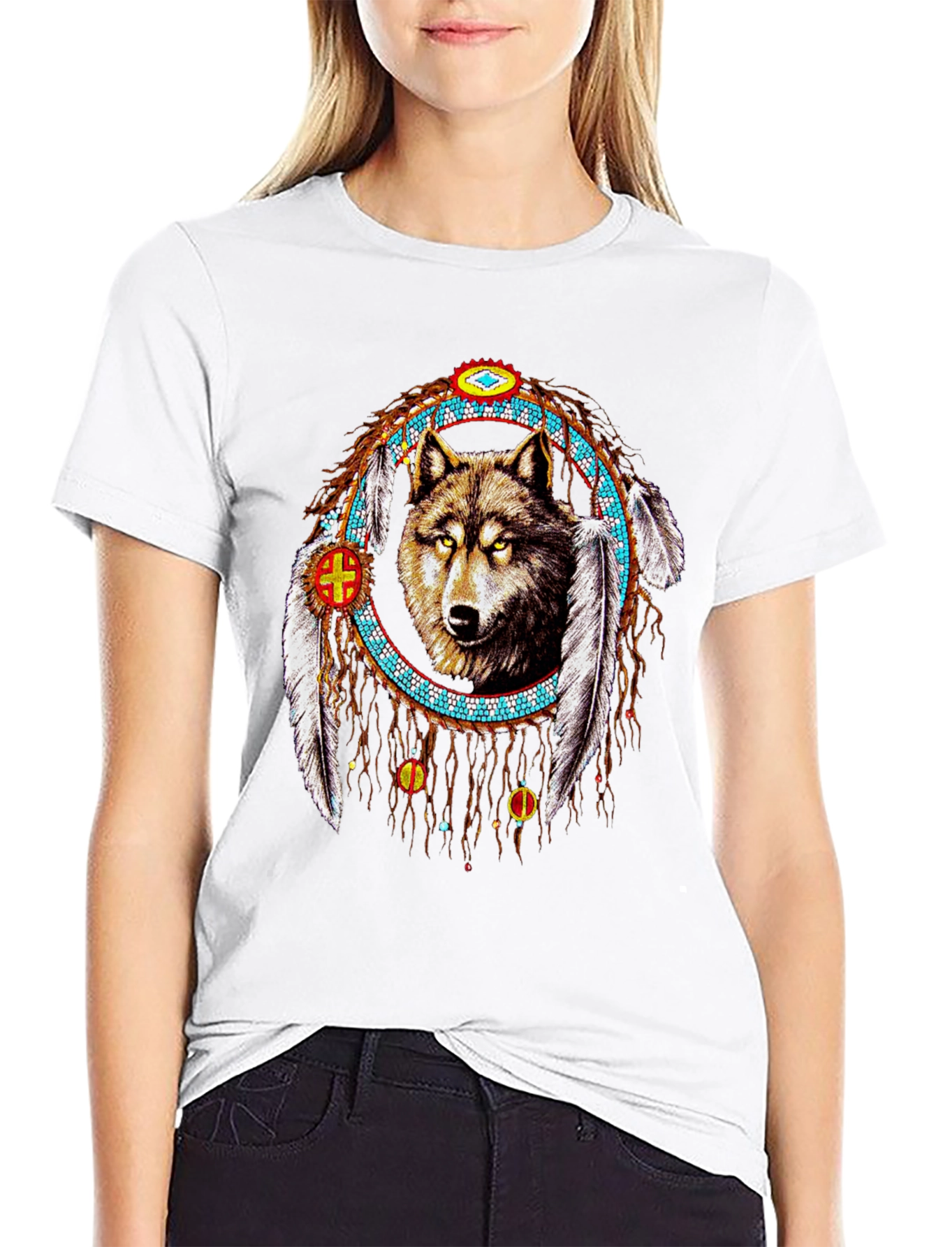 Wolf Dreamcatcher Graphic Tee - Native American Style