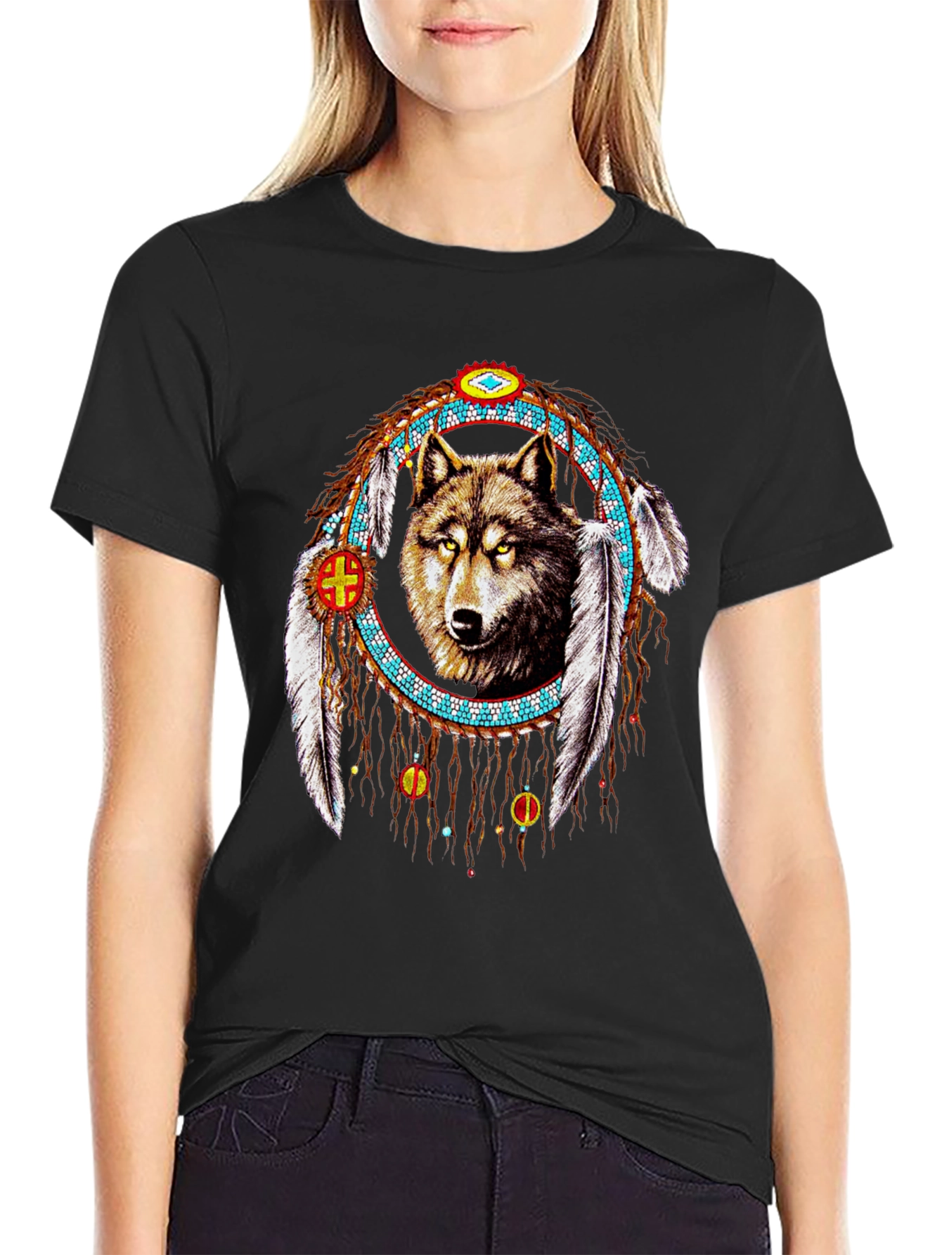 Wolf Dreamcatcher Graphic Tee - Native American Style