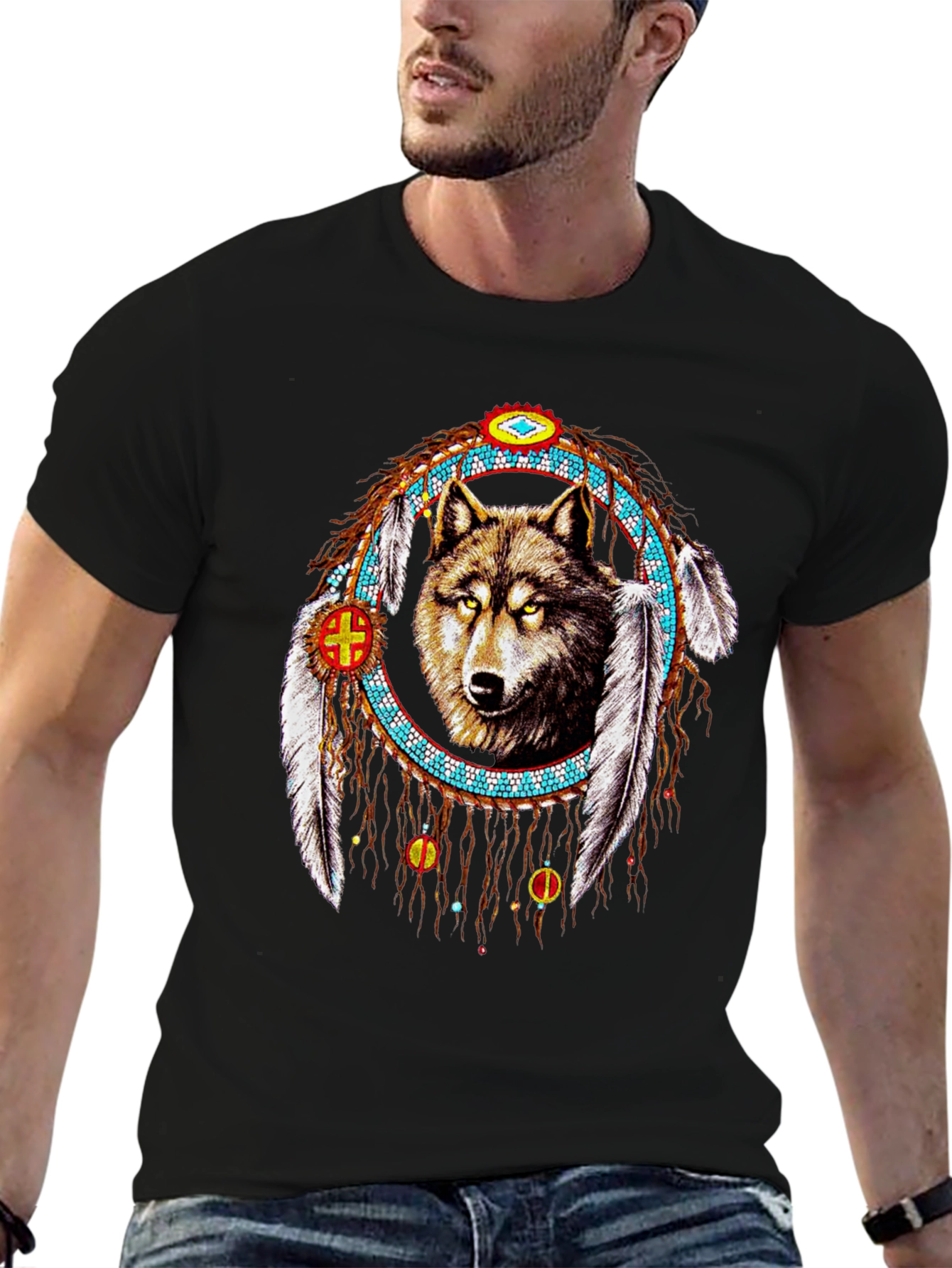 Wolf Dreamcatcher Graphic Tee - Native American Style