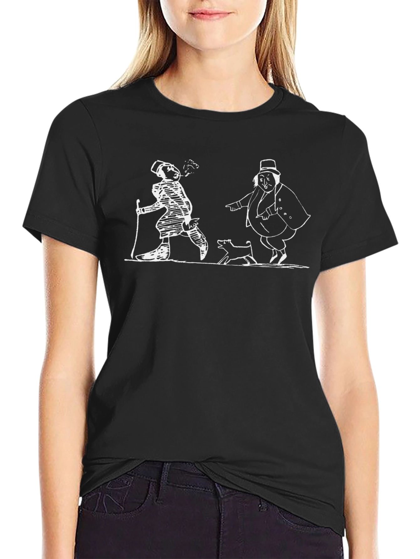 Whimsical Cartoon Print Black T-Shirt