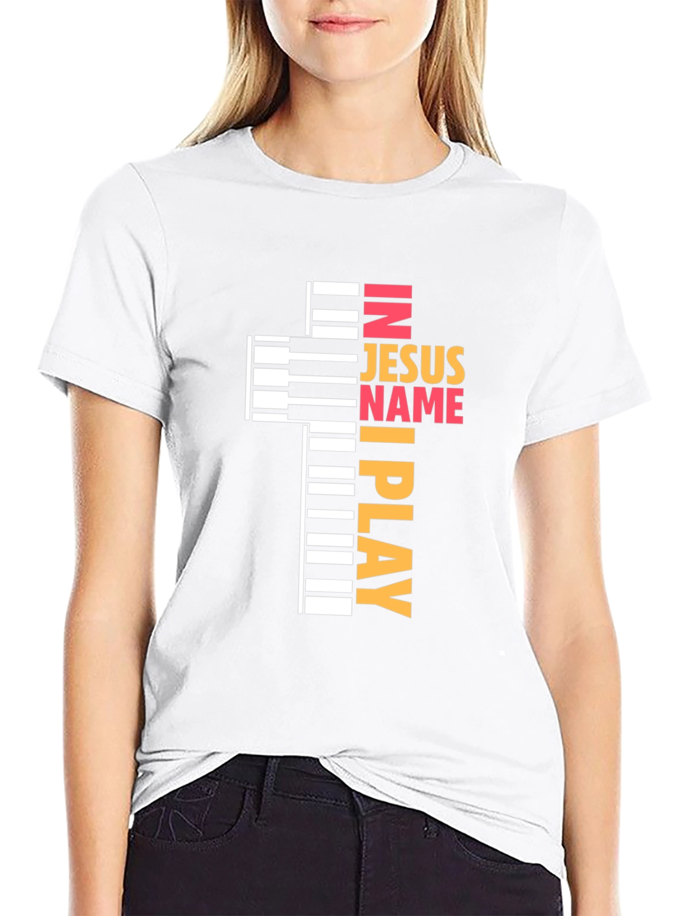 In Jesus Name I Play - Piano Cross T-Shirt