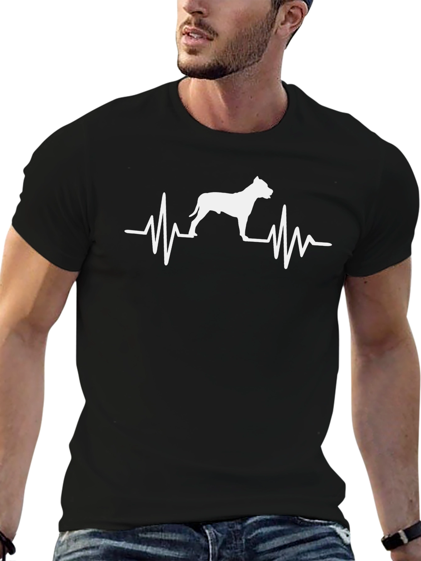 Dog Heartbeat T-Shirt Mens Crew Neck Pitbull Lover