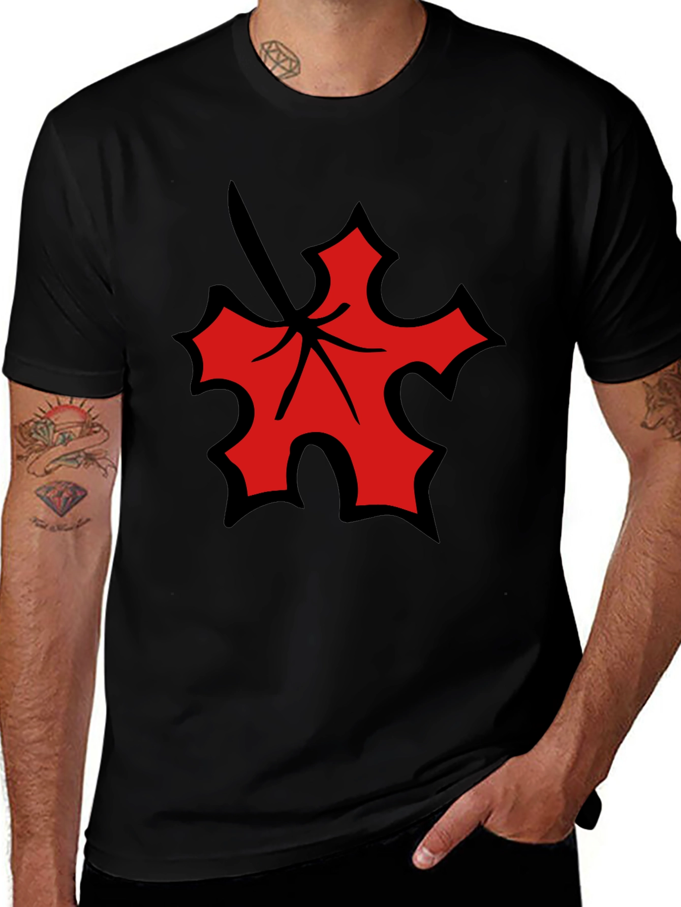 Red Leaf Graphic Black T-Shirt