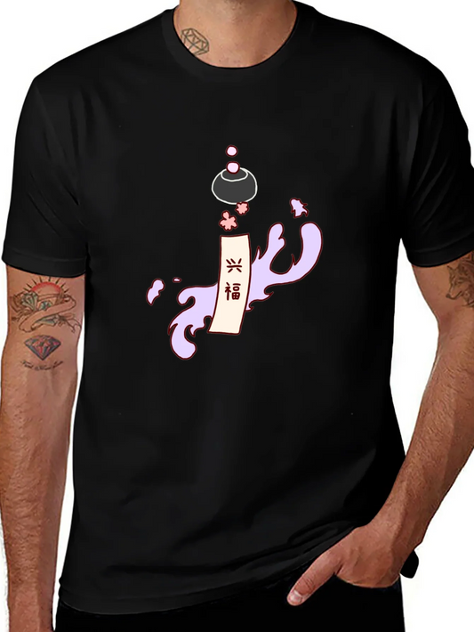 Mens Black T-Shirt with Japanese-Inspired Graphic