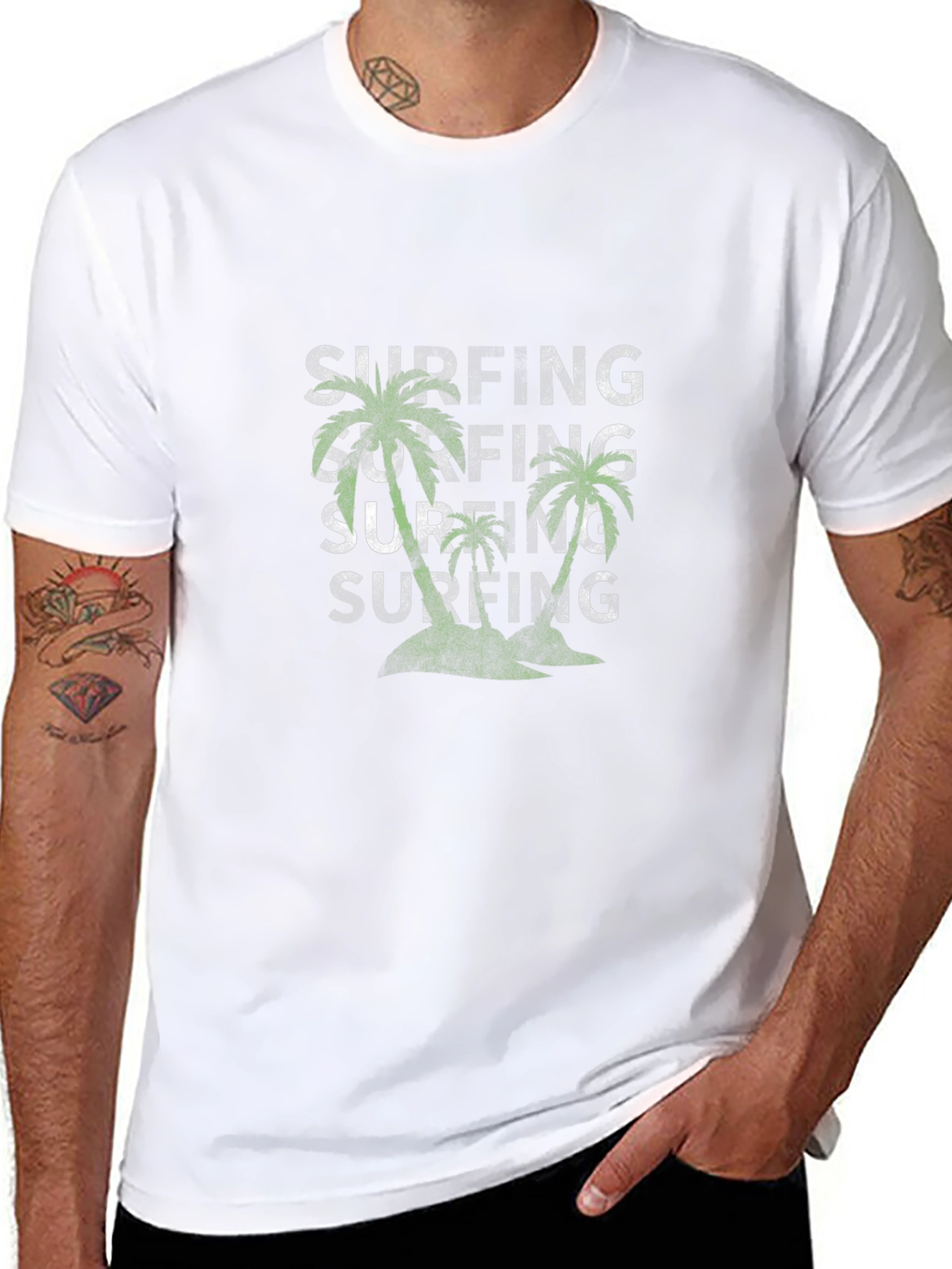 Surfing Palm Tree Black T-Shirt - Tropical Vibes!