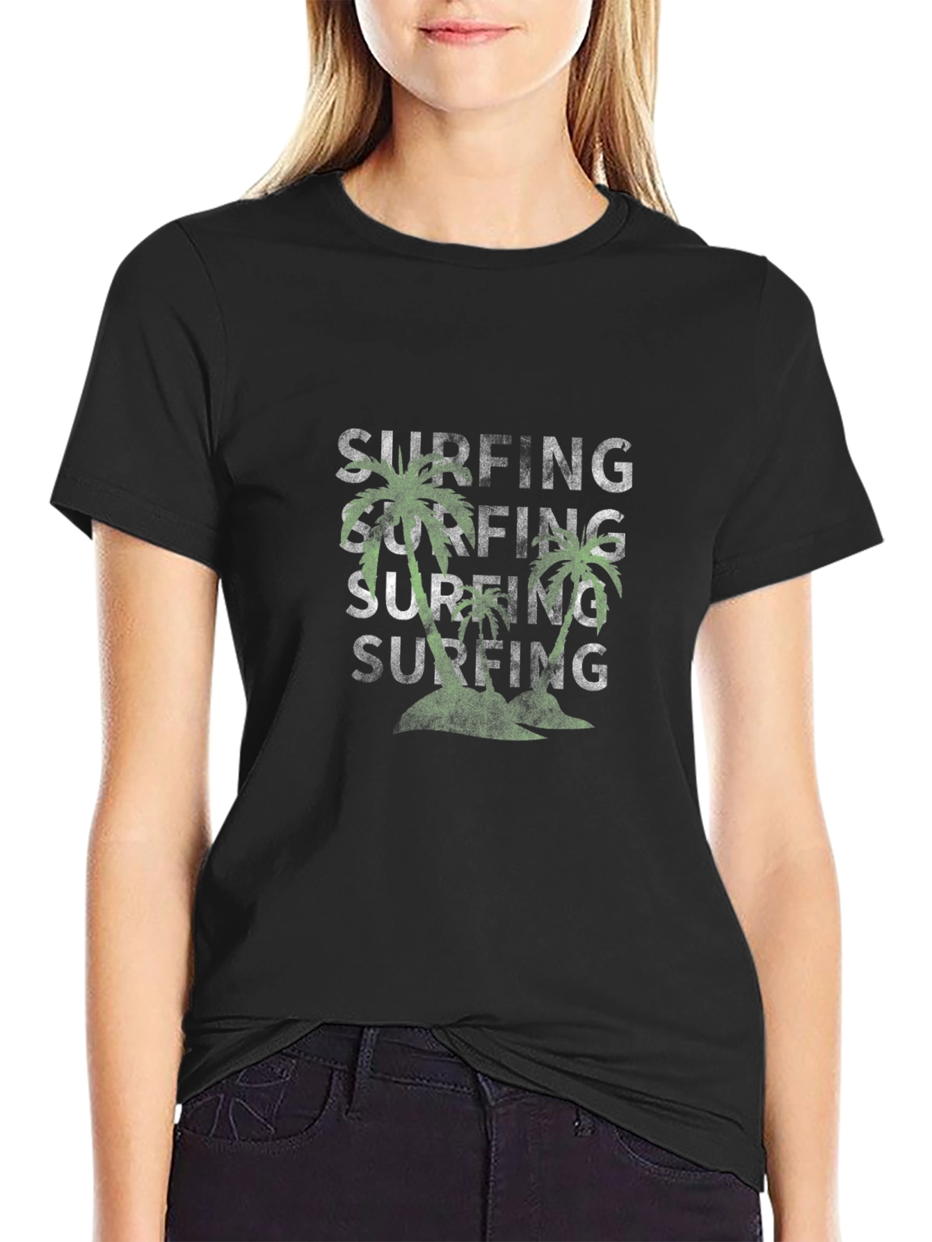 Surfing Palm Tree Black T-Shirt - Tropical Vibes!